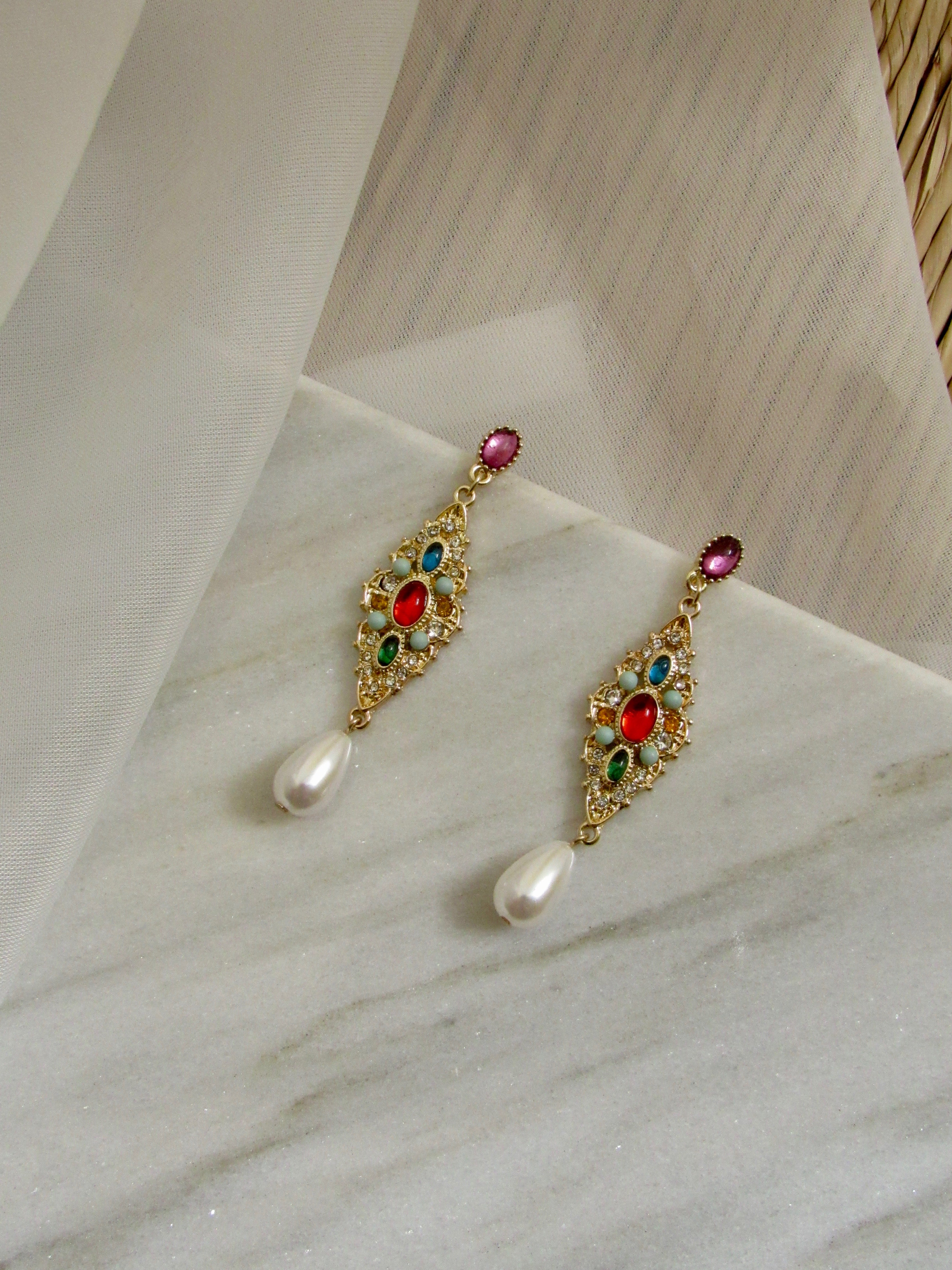 Glory Multicolor Gemstone Pearl Gold Drop Earrings