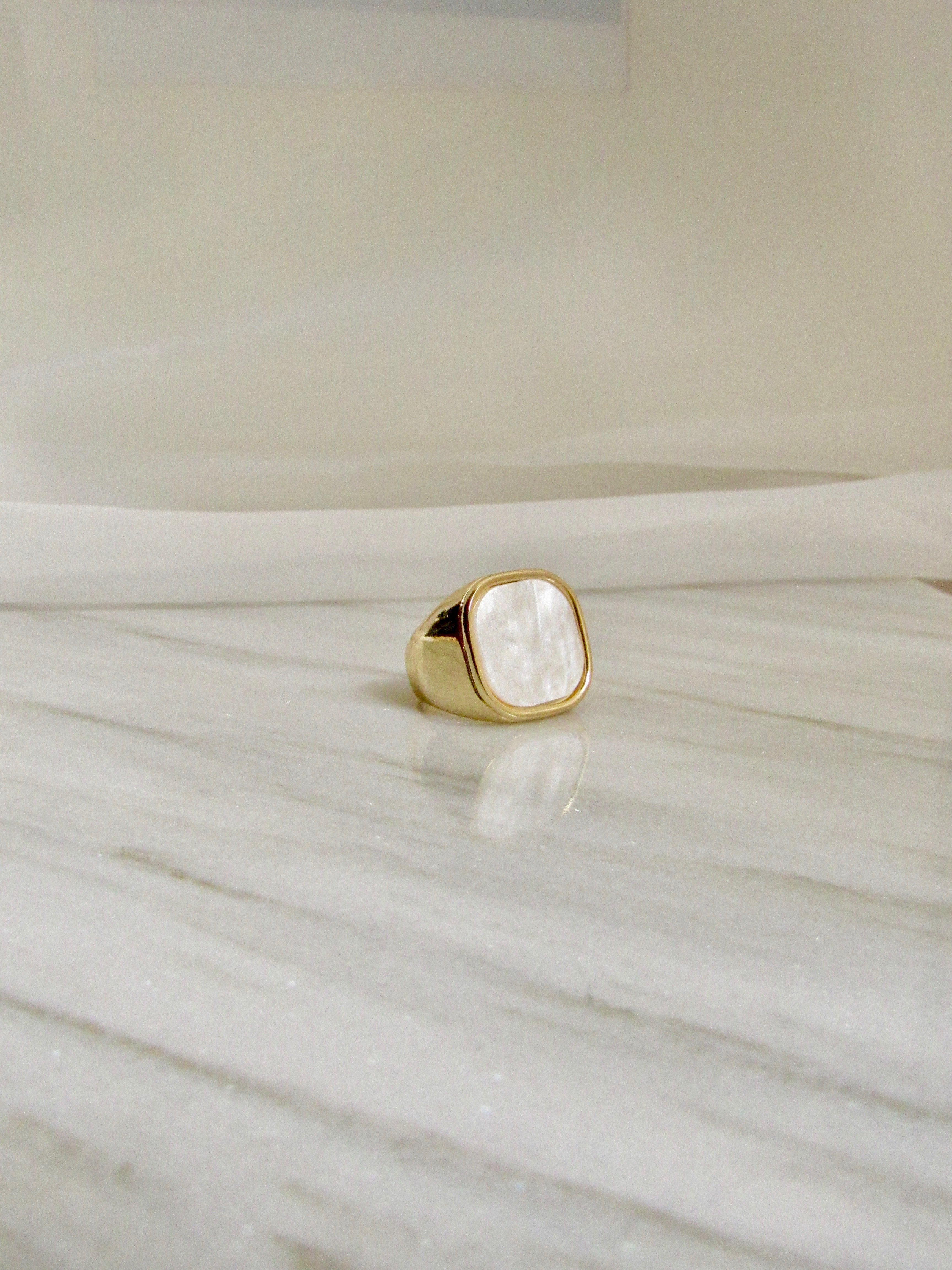 Rounded Square White Mother Of Pearl Gold Signet Ring