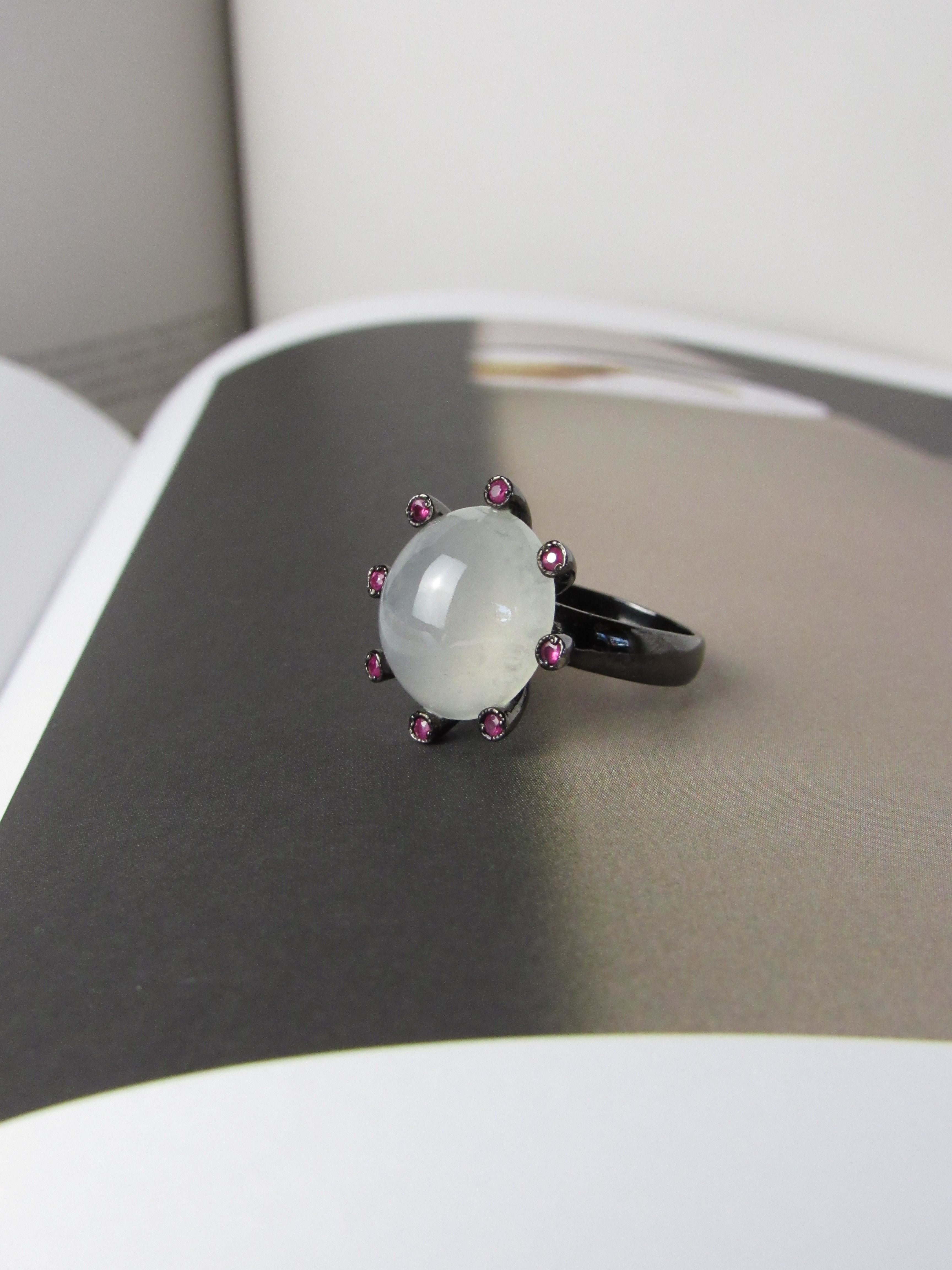 Vintage White Icy Jadeite Jade and Ruby with Oxidized Silver Ring