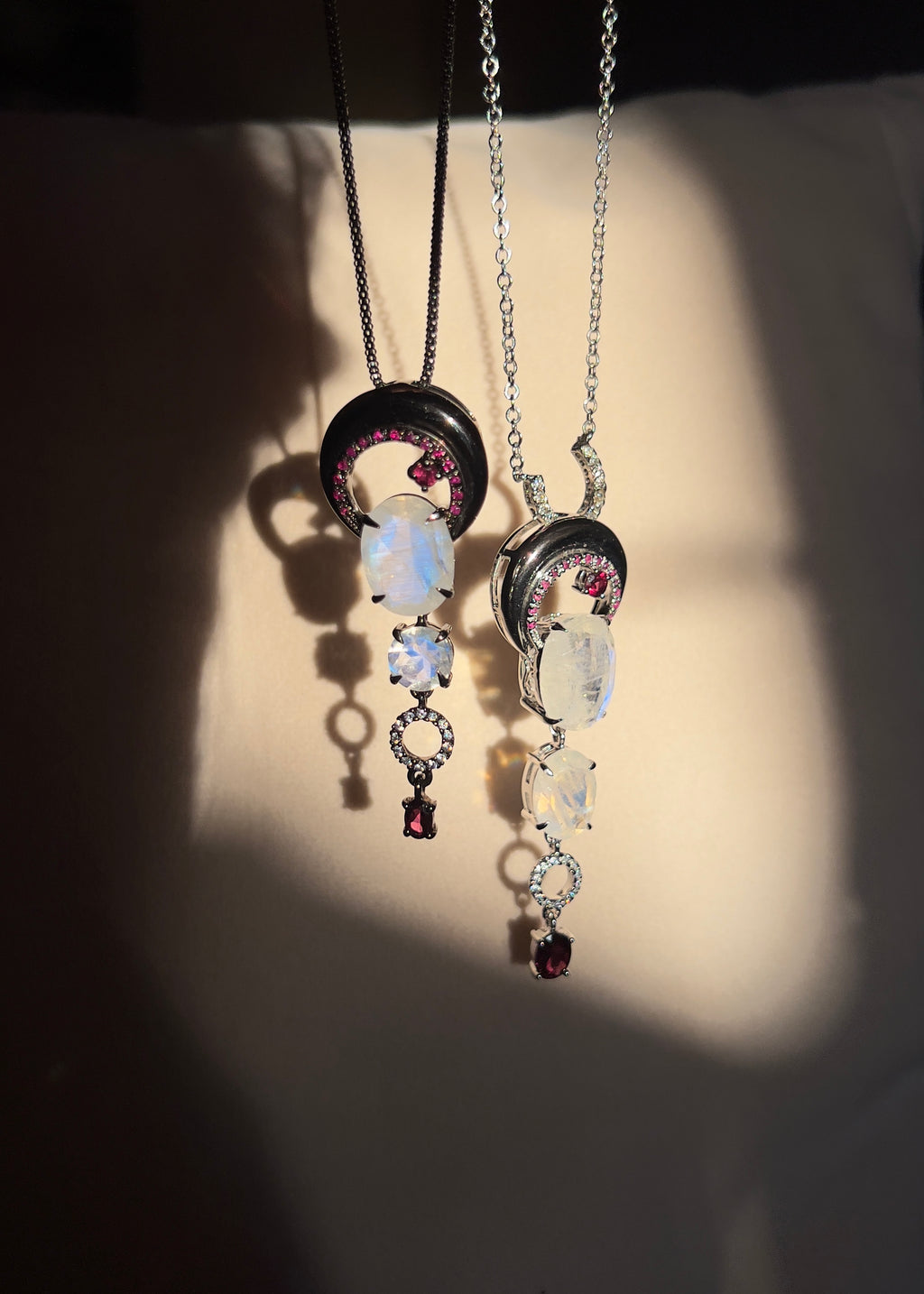 Crescent Moon Natural Moonstone and Ruby Pendant Necklace