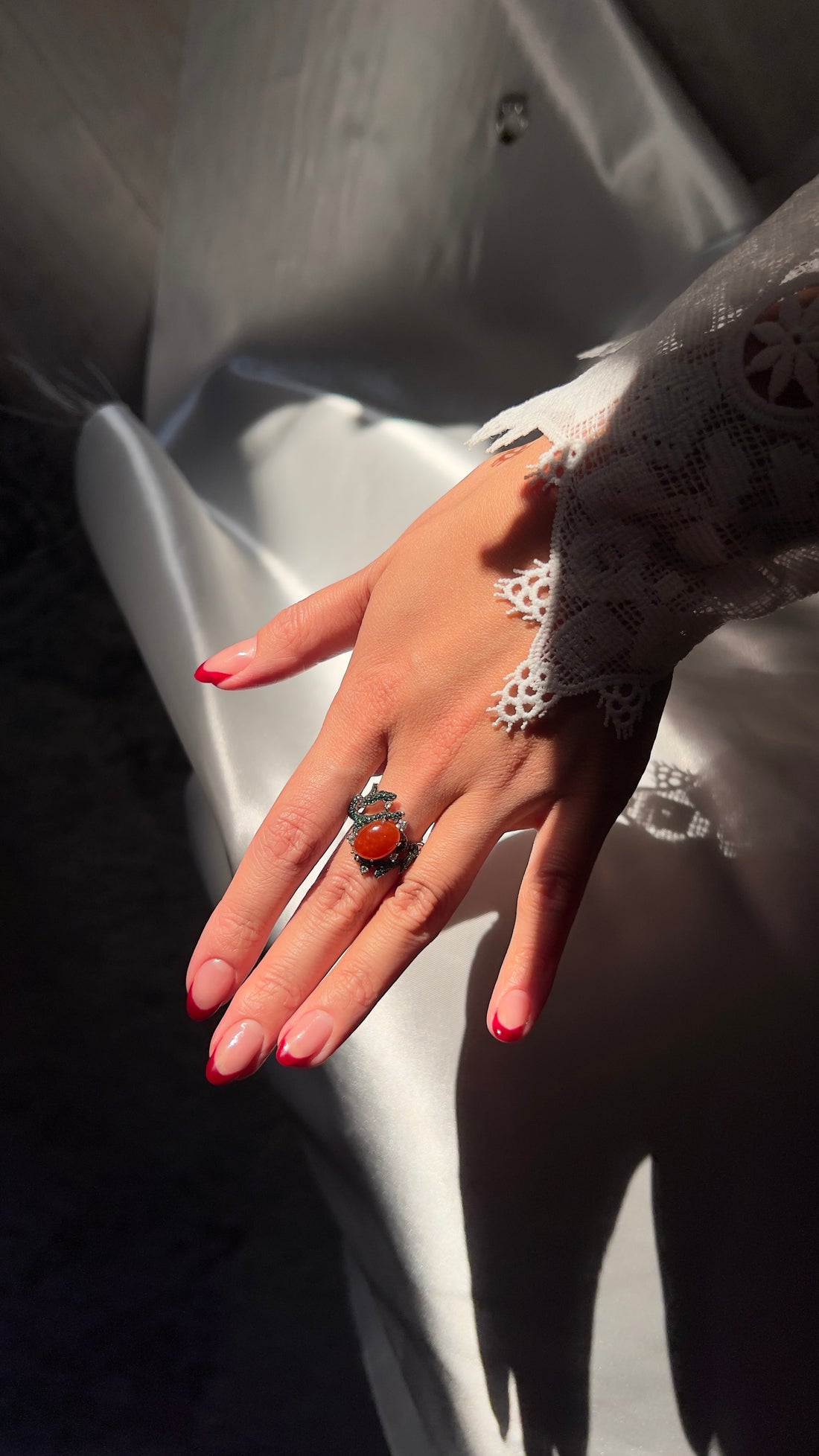 Minty Marsala Red Jadeite & Tsavorite Ring