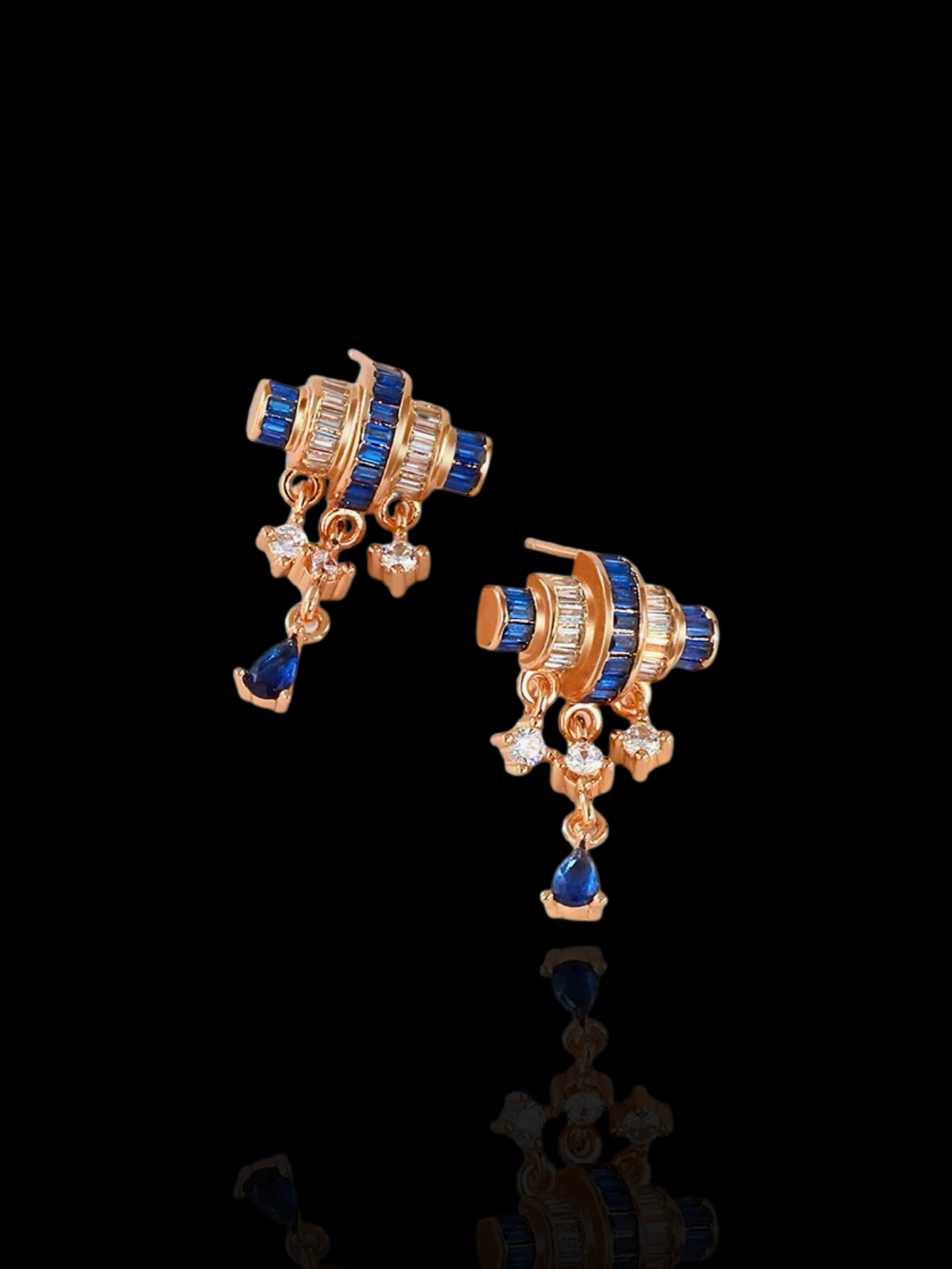 French-Inspired Small-Batch Artisanal Earrings with Baguette Diamonds and Blue Sapphire