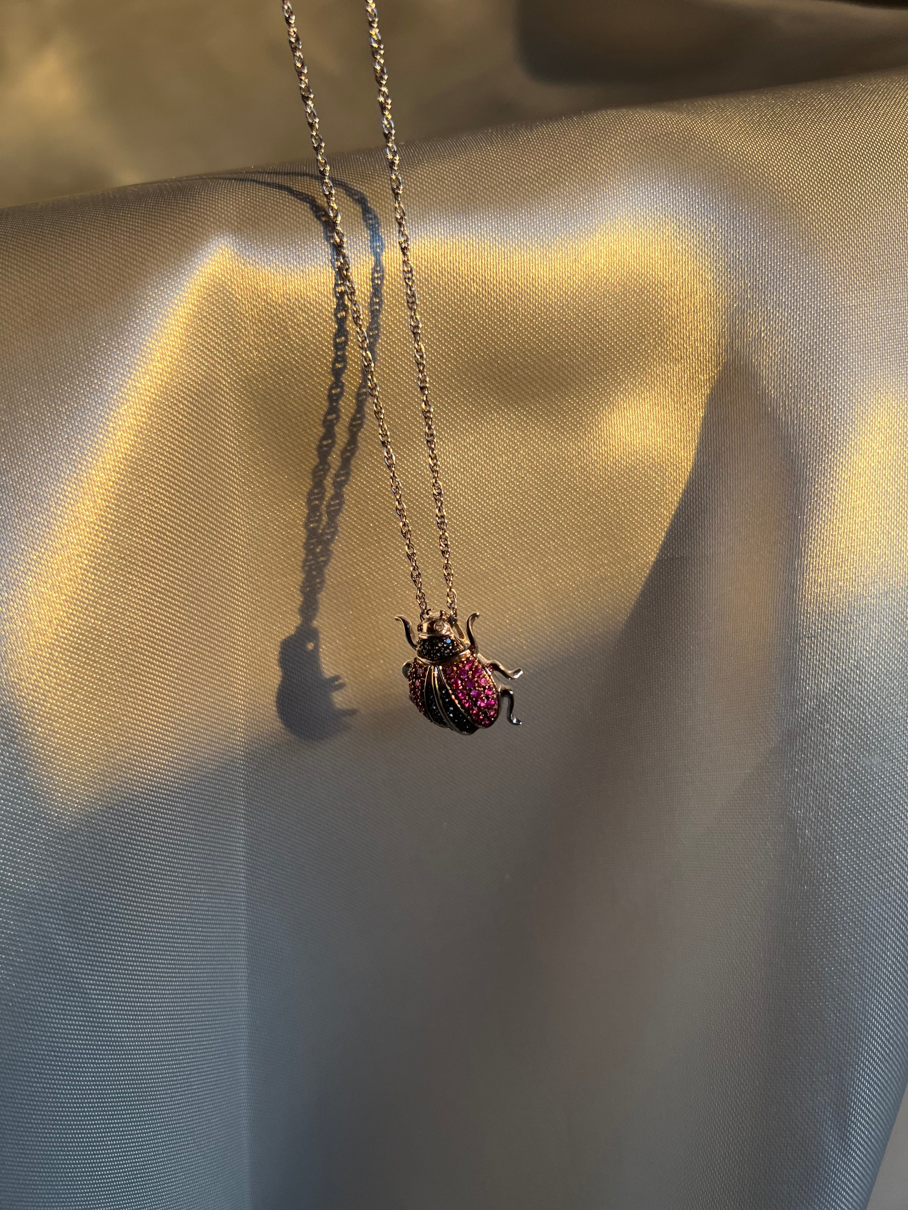 Ladybird Ladybug 18k White Gold Ruby Sapphire Pendant Necklace