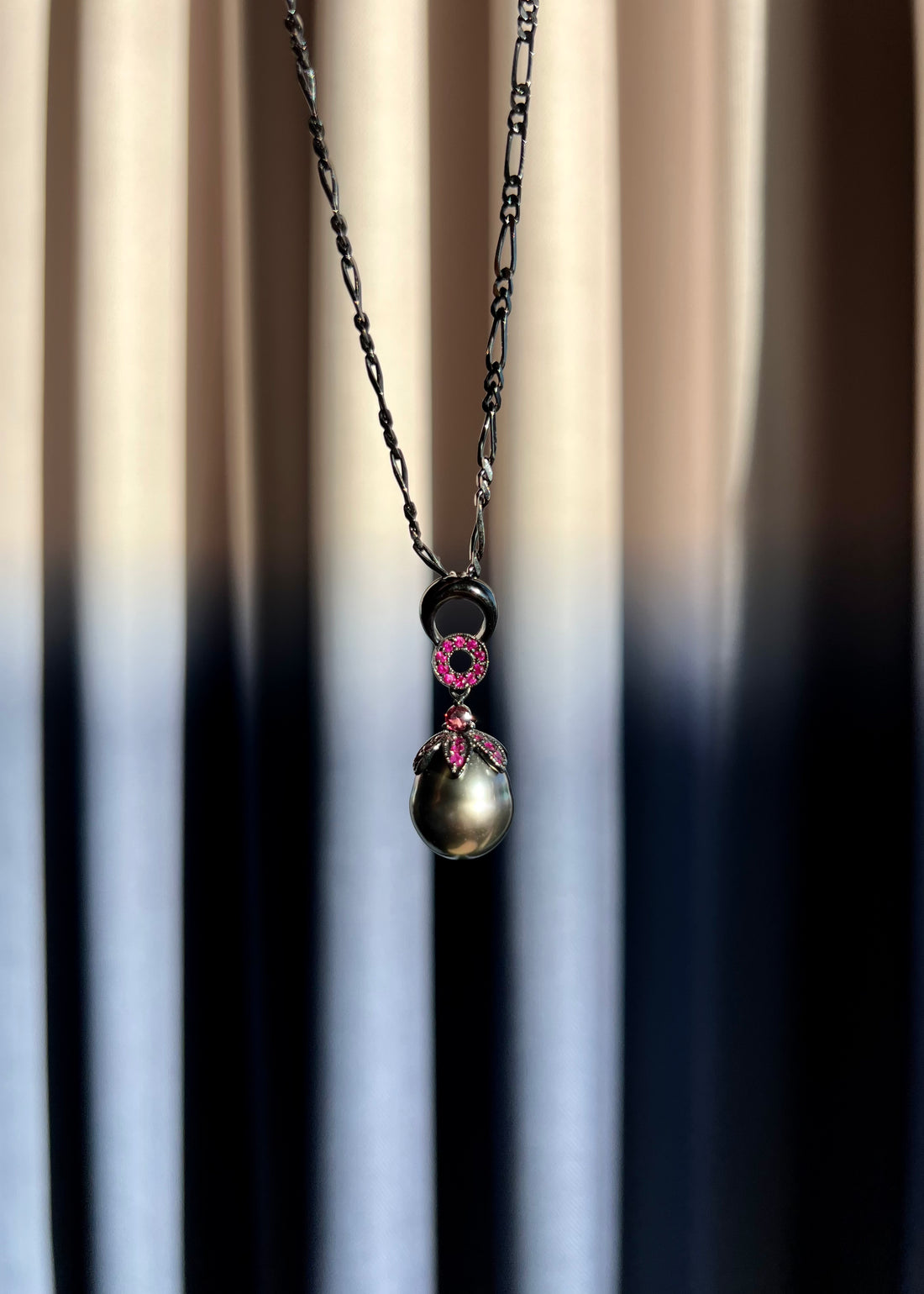 Peacock Tahitian Black Pearl & Ruby Pendant Necklace