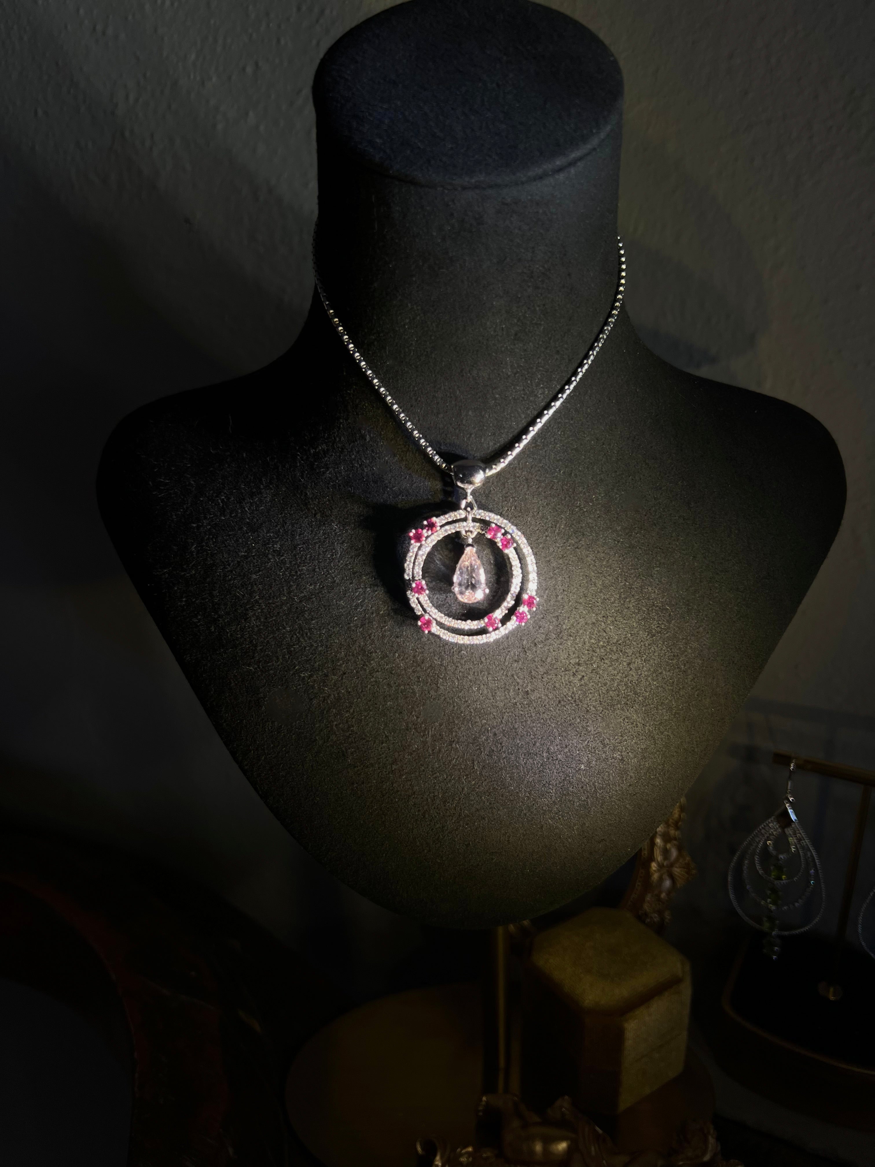 Natural Morganite and Rhodolite Garnet Pendant Necklace with Sapphires