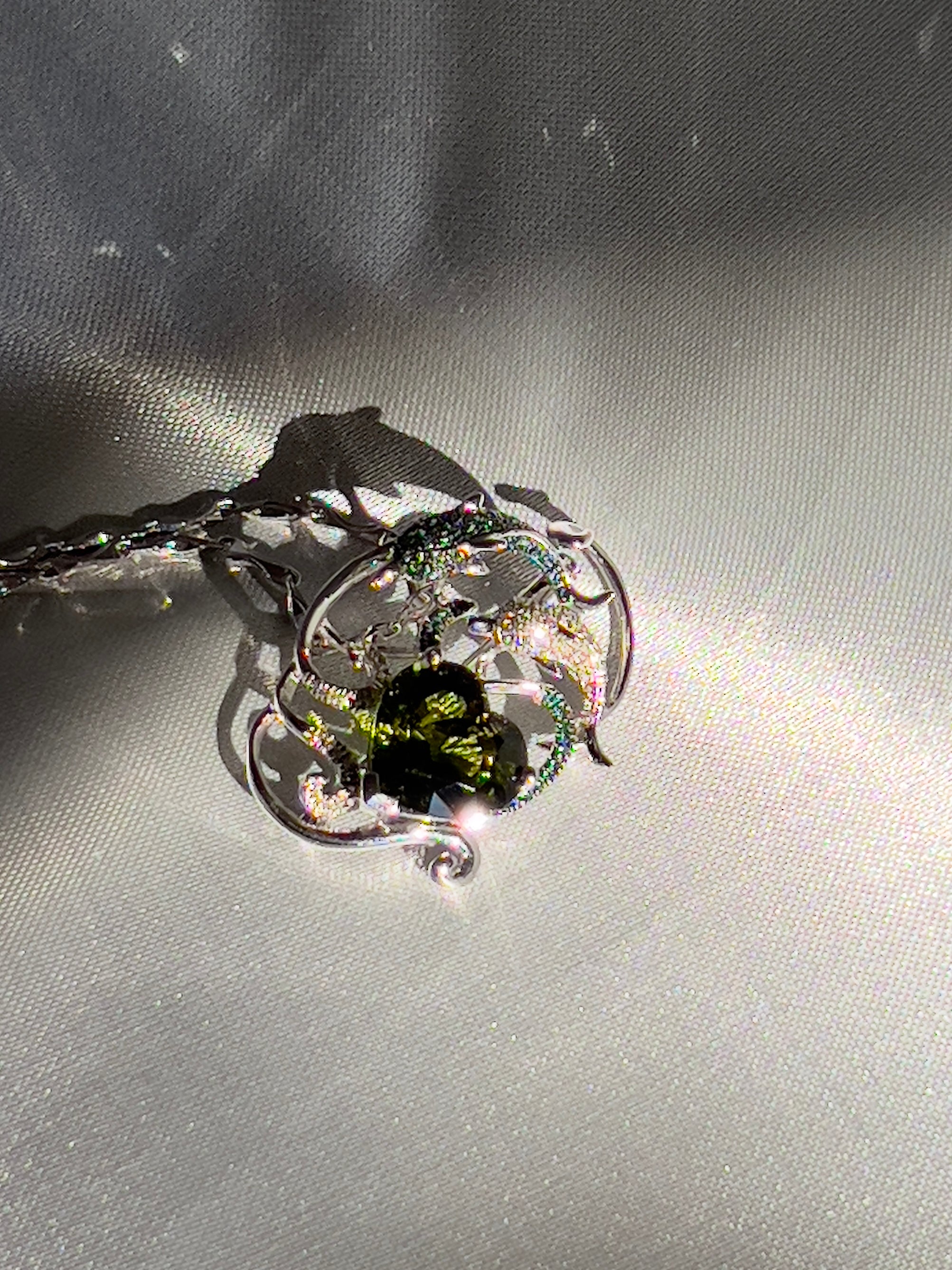 Natural 7.5Ct Lagoon Green Tourmaline with Tsavorite and Diamond Dolphins Pendant Brooch in 18K White Gold