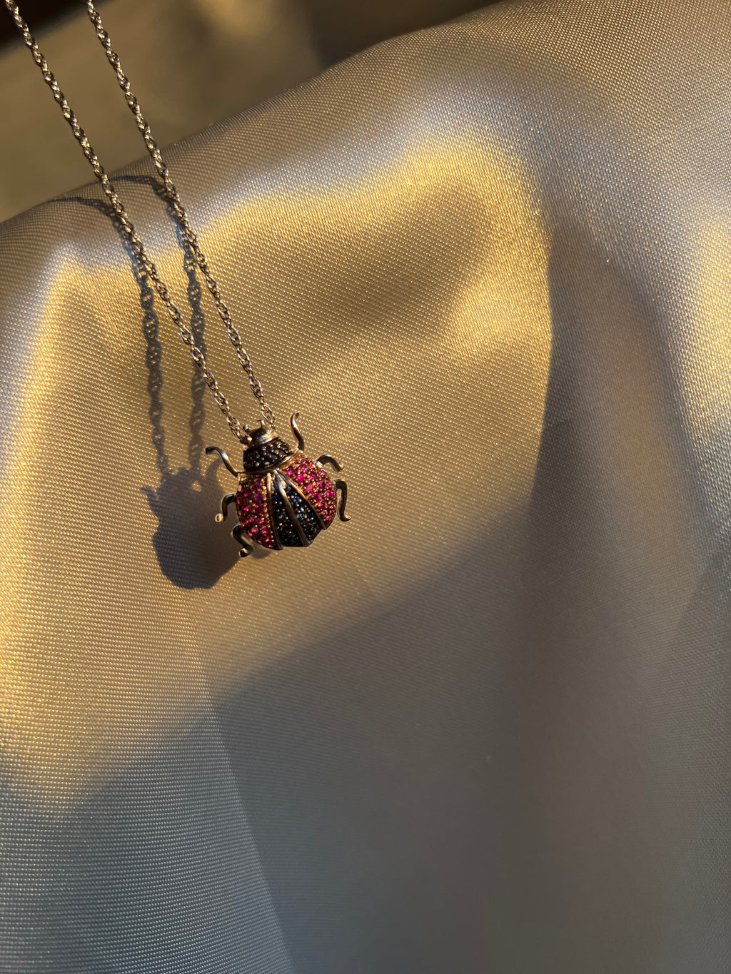 Ladybird Ladybug 18k White Gold Ruby Sapphire Pendant Necklace