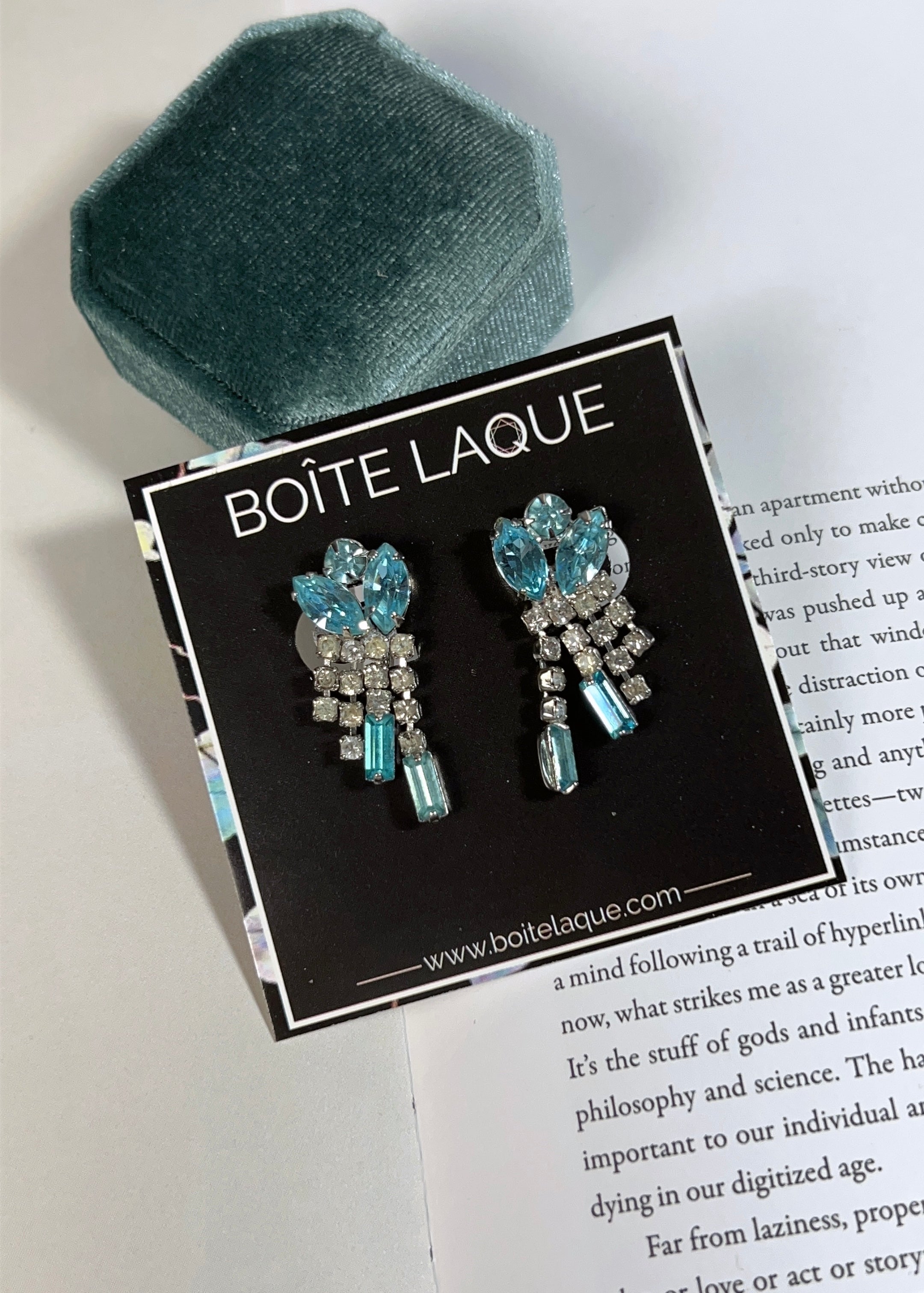 Vintage 60s Blue Rhinestone Crystals Fringe Earrings