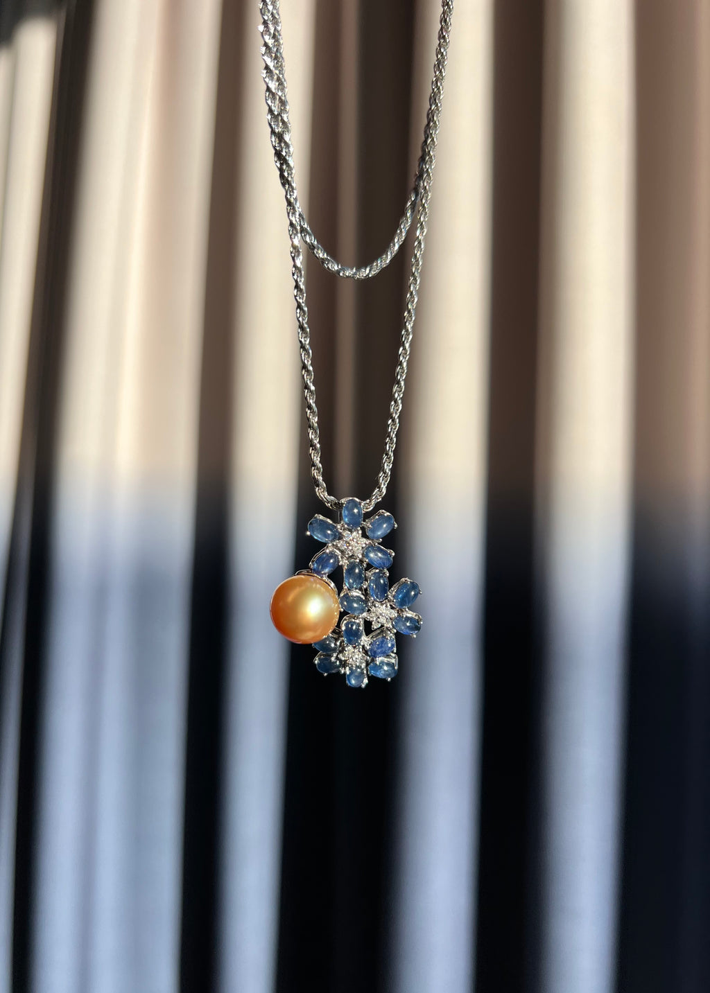 South Sea Golden Pearl & Sapphire Diamond Pendant Necklace