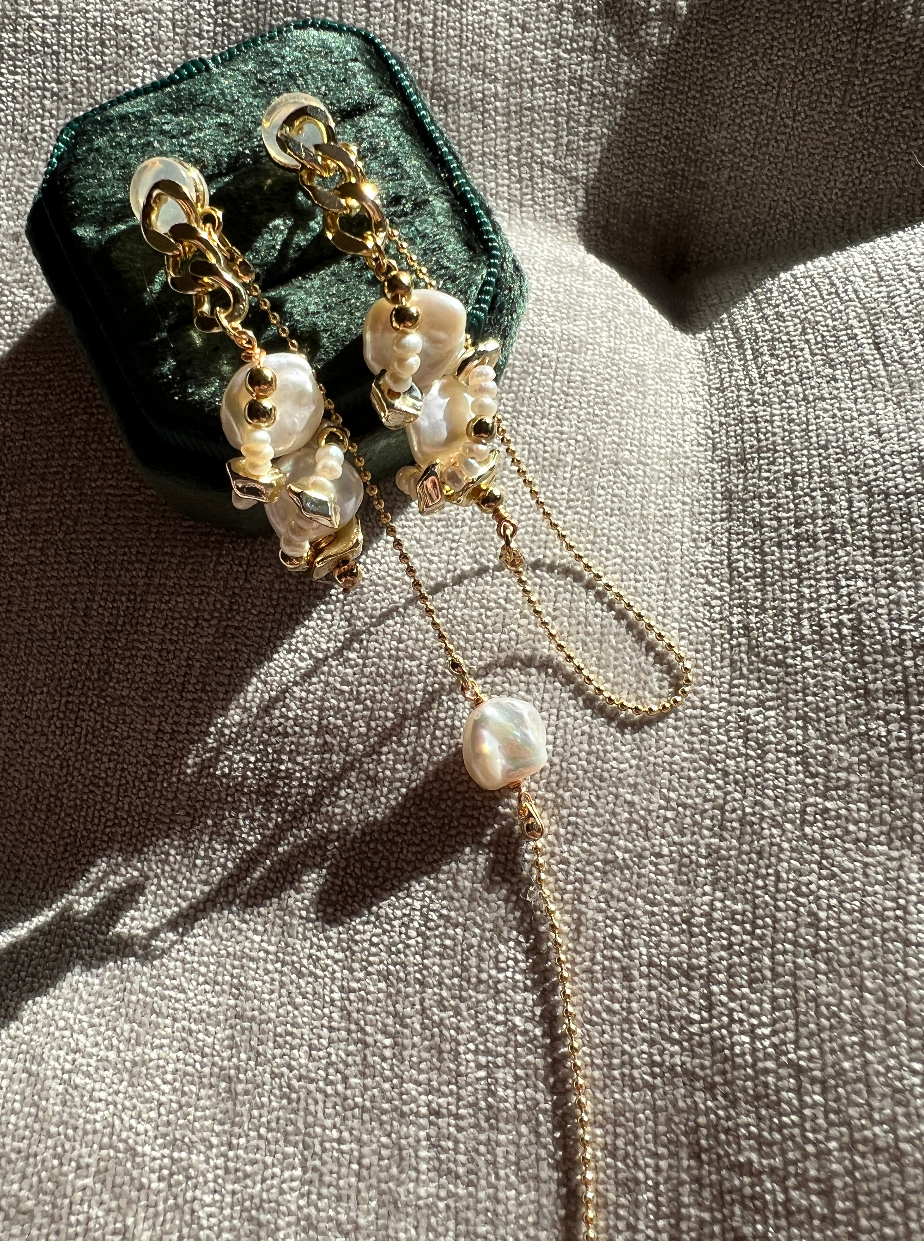 Mykonos Asymmetrical Baroque Pearls Gold Chain Earrings