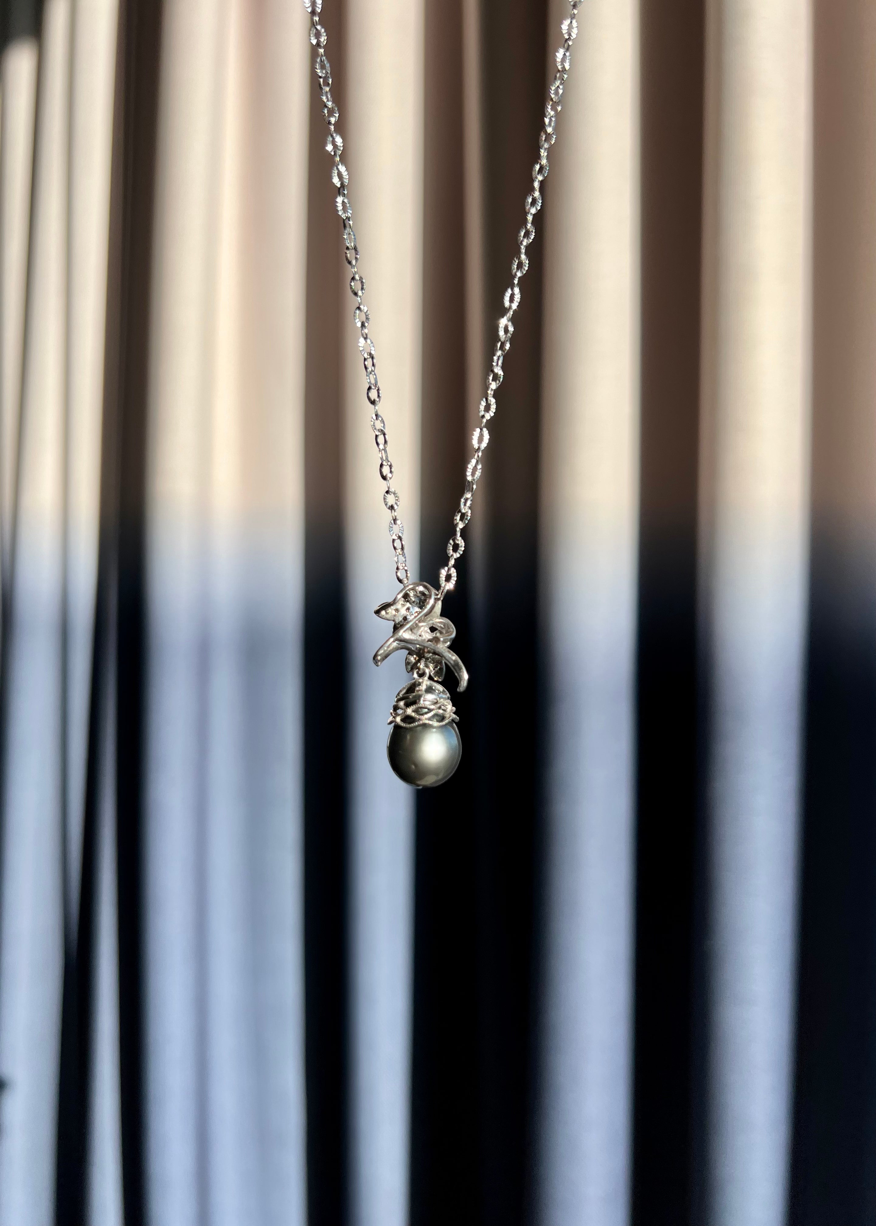 Pistachio Tahitian Black Pearl & Champagne Diamond Pendant Necklace