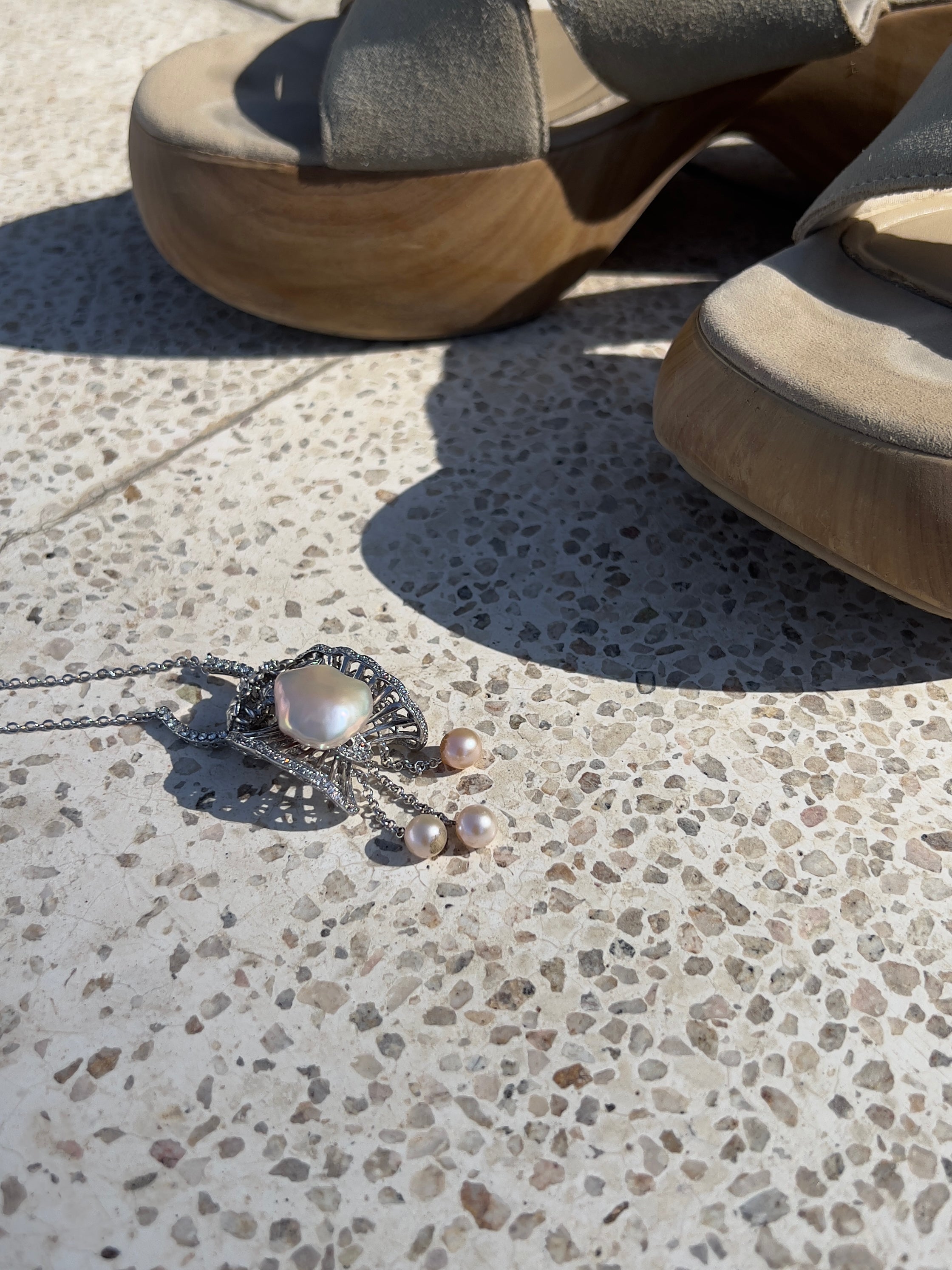Natural Baroque Pearl & Biwa Pearls 18k White Gold Pendant Necklace