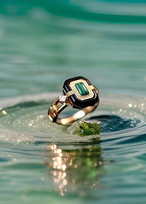 Malachite 18K Gold Ring – Art Deco Statement Ring | Unique Gemstone Jewelry