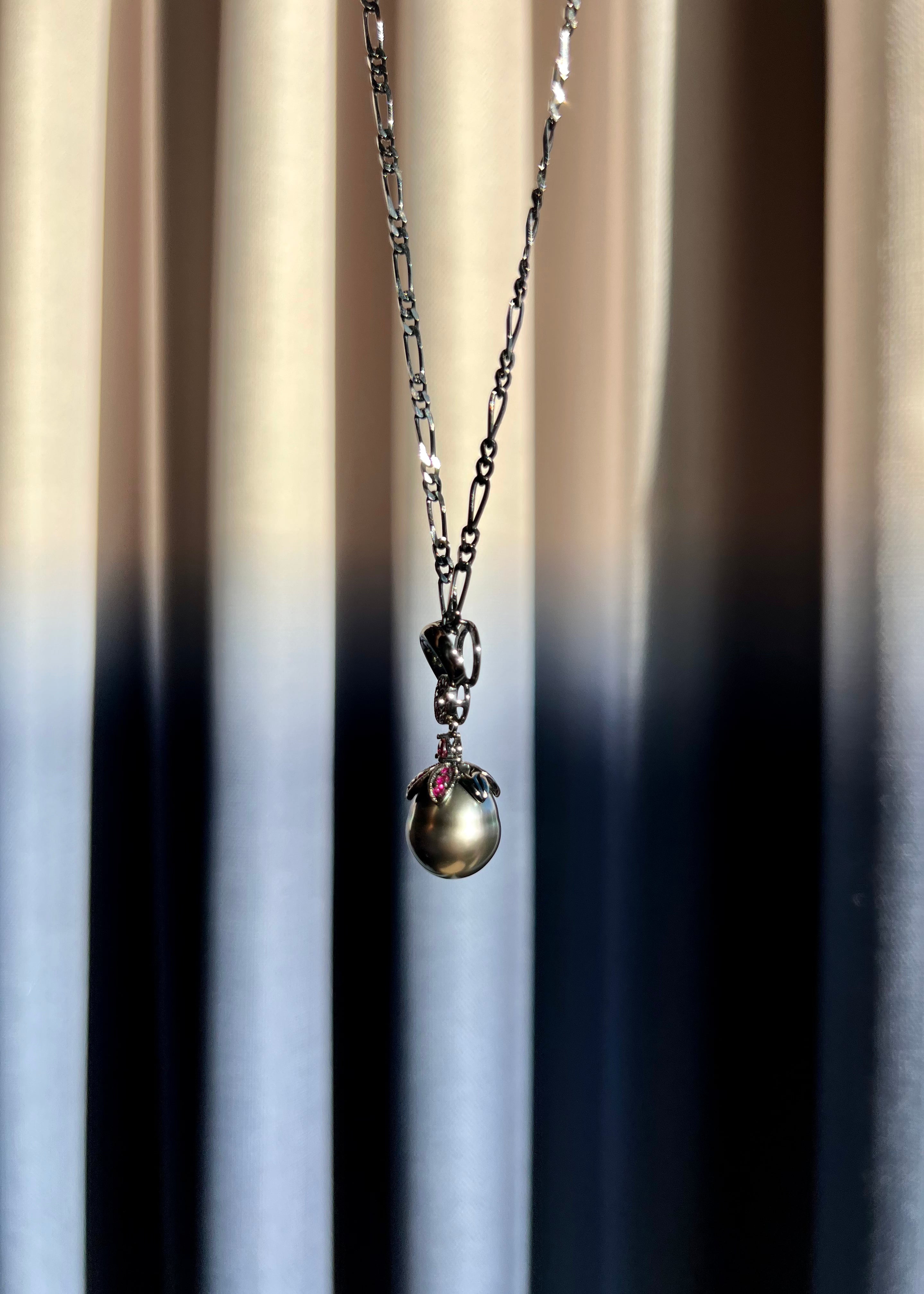 Peacock Tahitian Black Pearl & Ruby Pendant Necklace