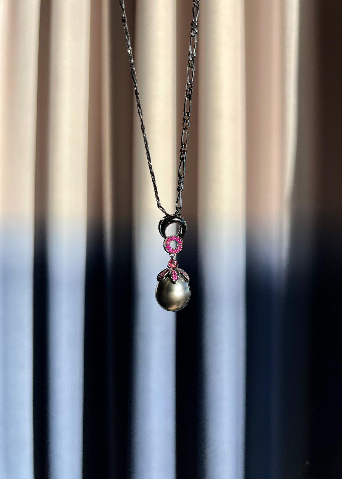 Peacock Tahitian Black Pearl & Ruby Pendant Necklace