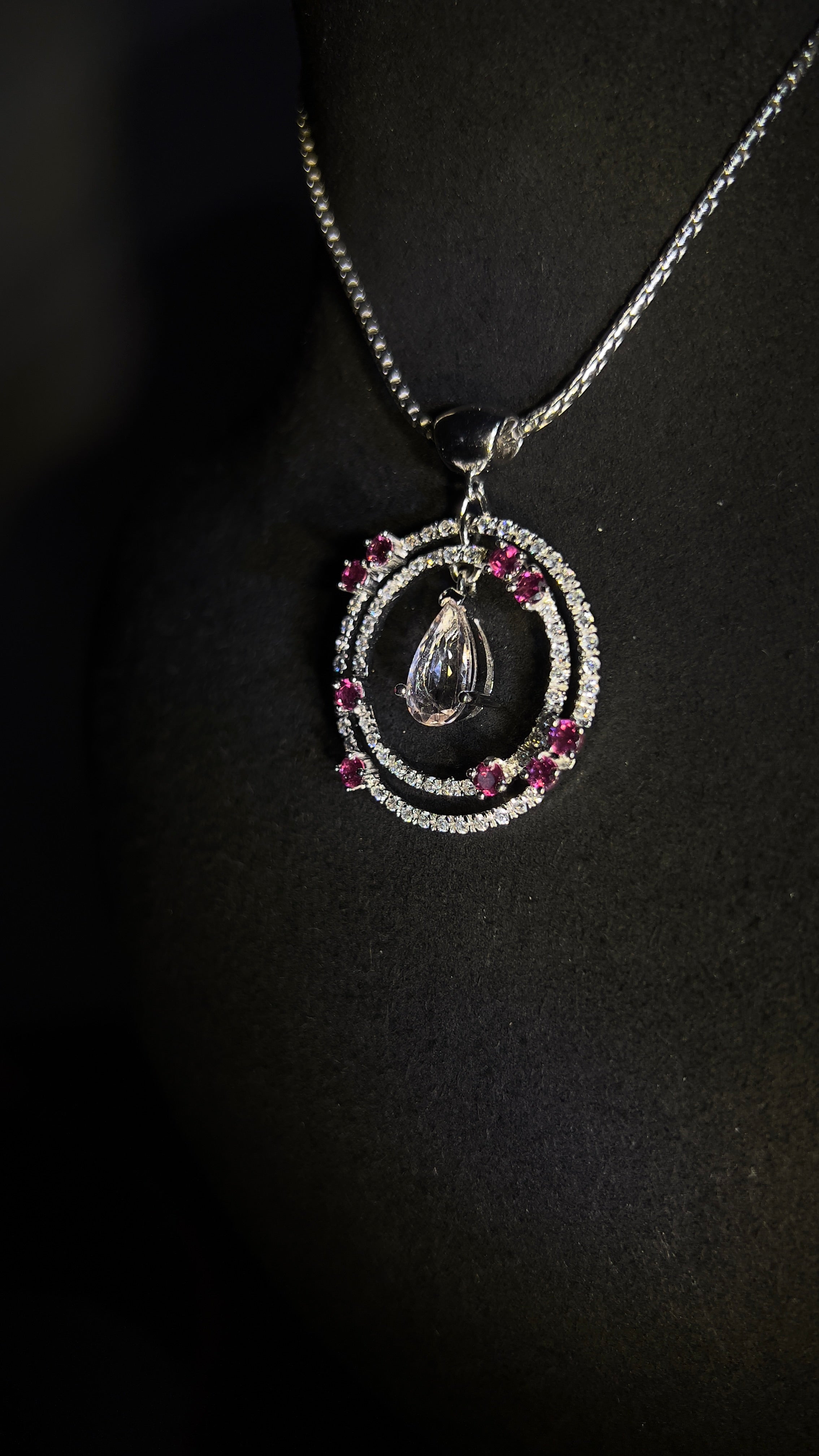 Natural Morganite and Rhodolite Garnet Pendant Necklace with Sapphires