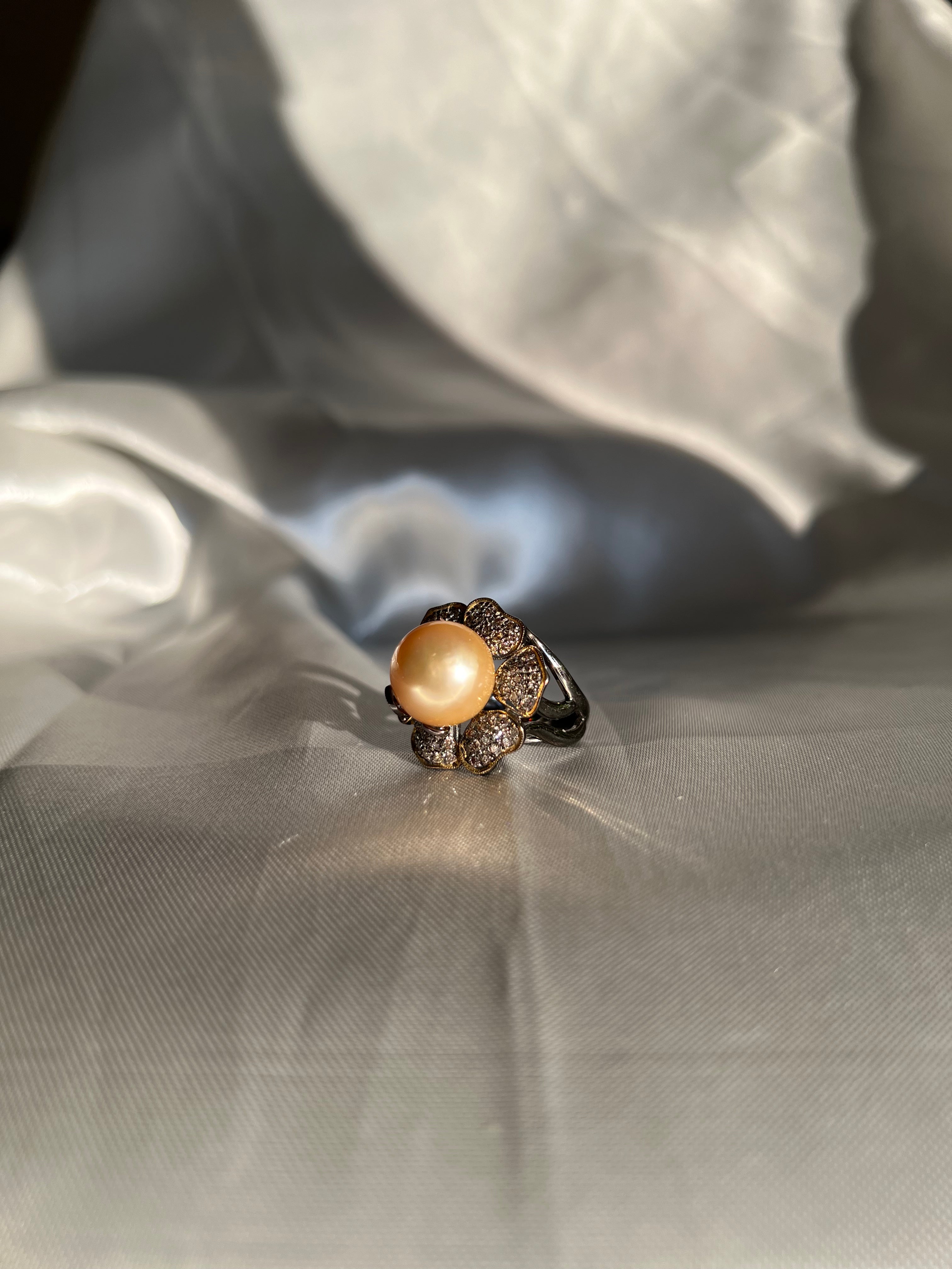 South Sea Golden Pearl and Champagne Diamond Flower Cocktail Ring