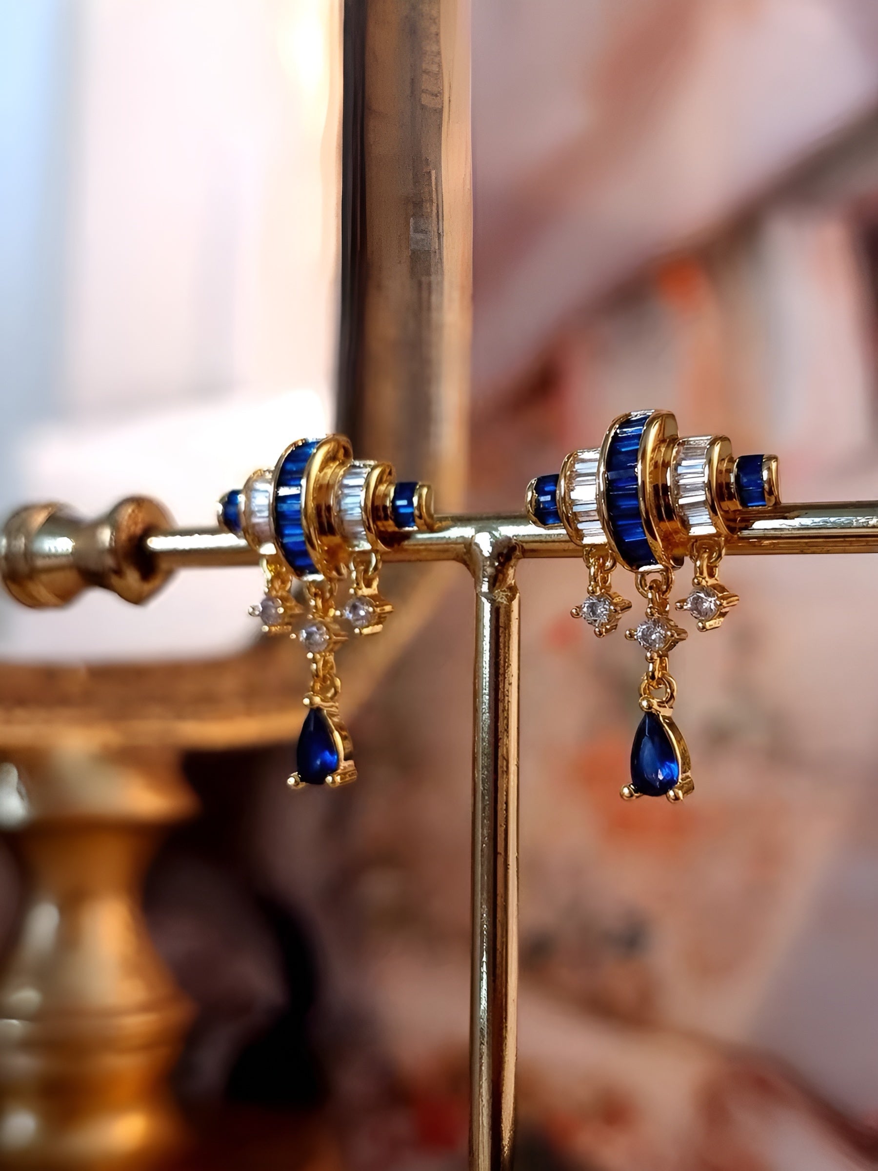 French-Inspired Small-Batch Artisanal Earrings with Baguette Diamonds and Blue Sapphire