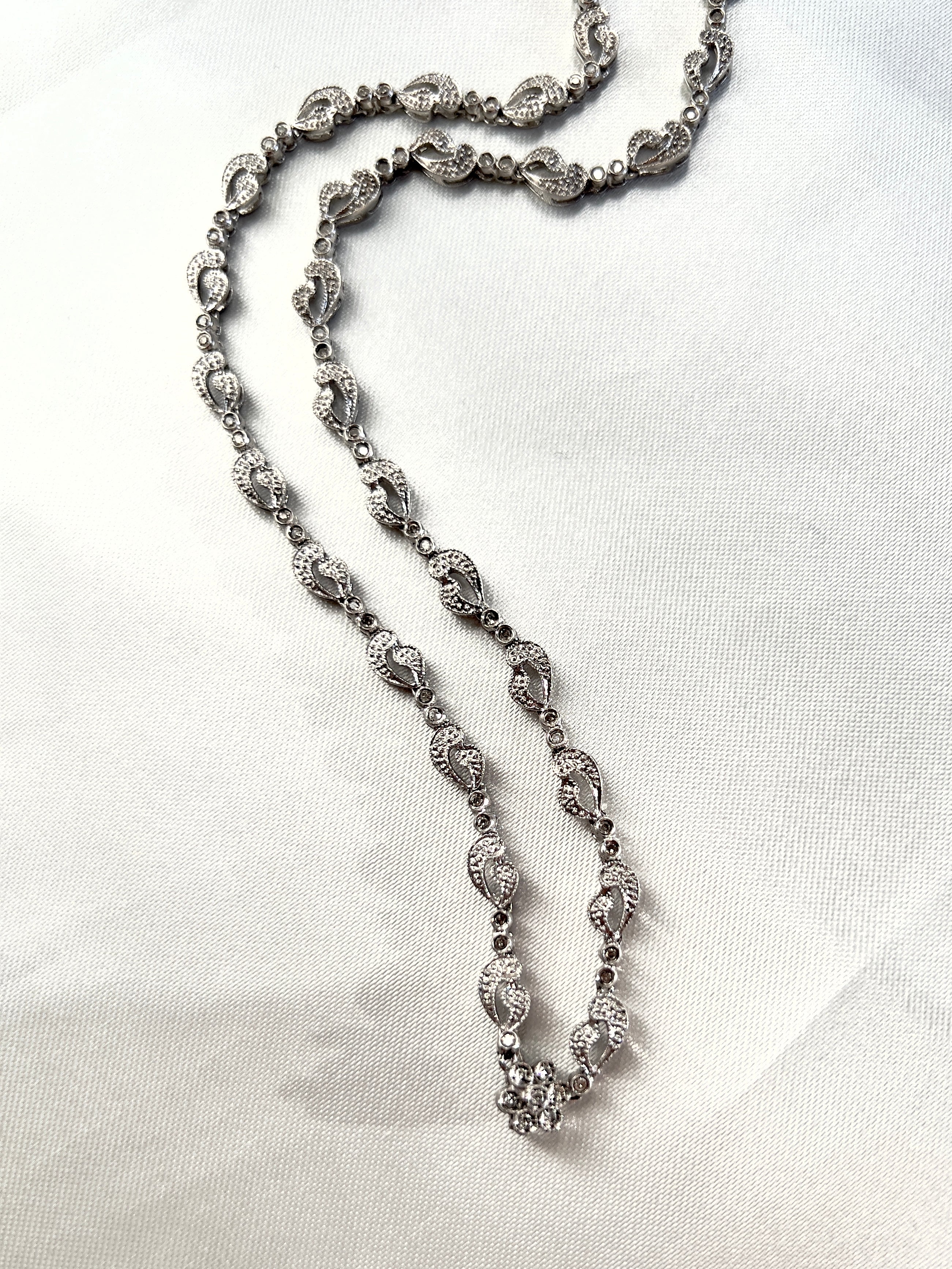 Vintage French Ornament Natural Diamonds White Gold Chain Necklace