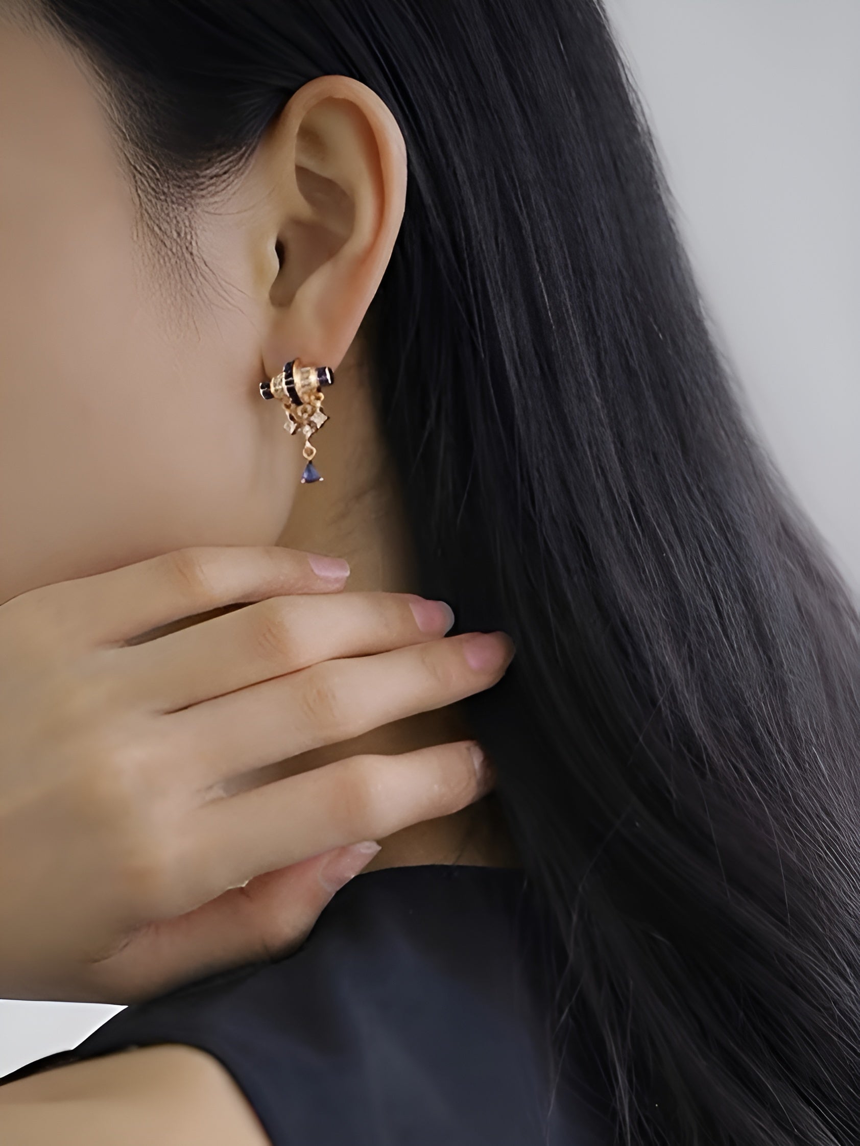 French-Inspired Small-Batch Artisanal Earrings with Baguette Diamonds and Blue Sapphire