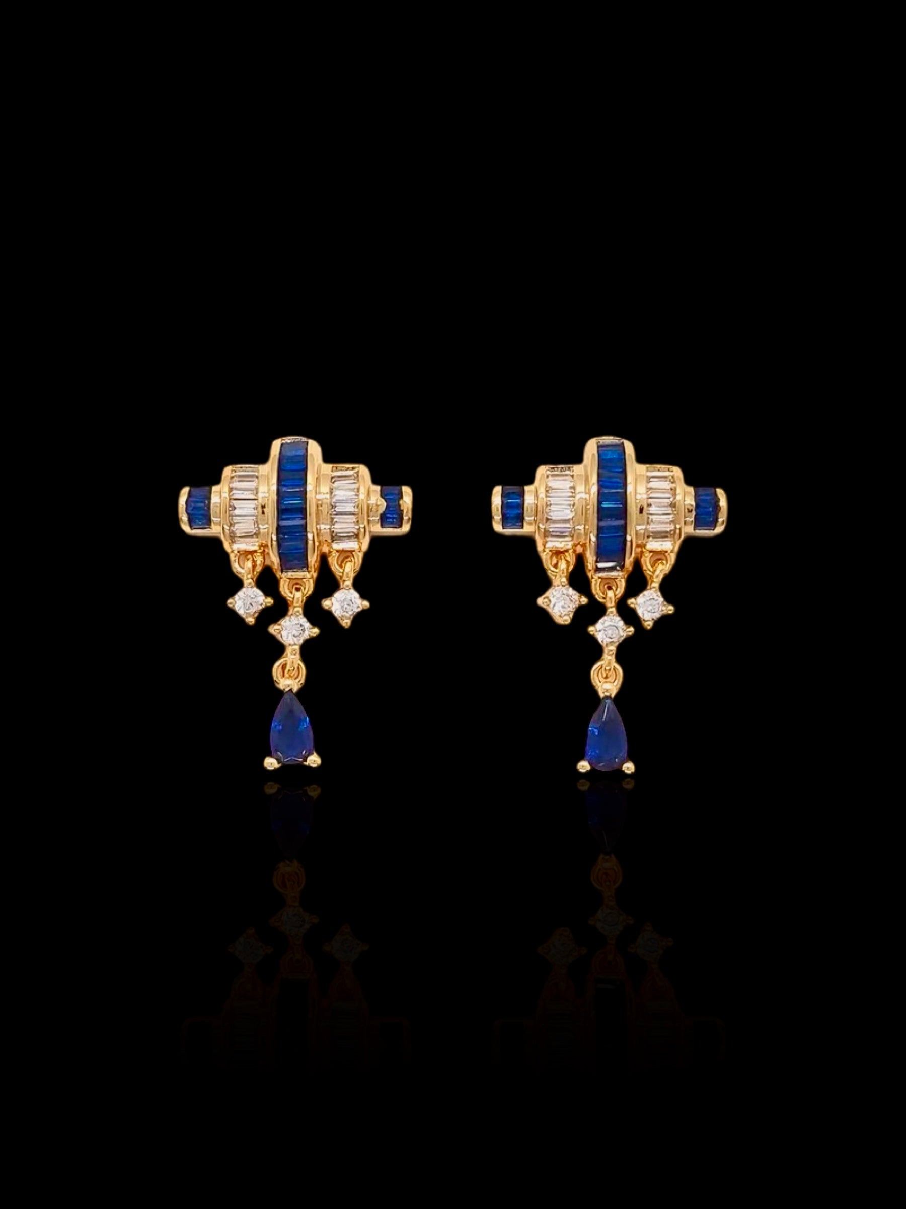 French-Inspired Small-Batch Artisanal Earrings with Baguette Diamonds and Blue Sapphire