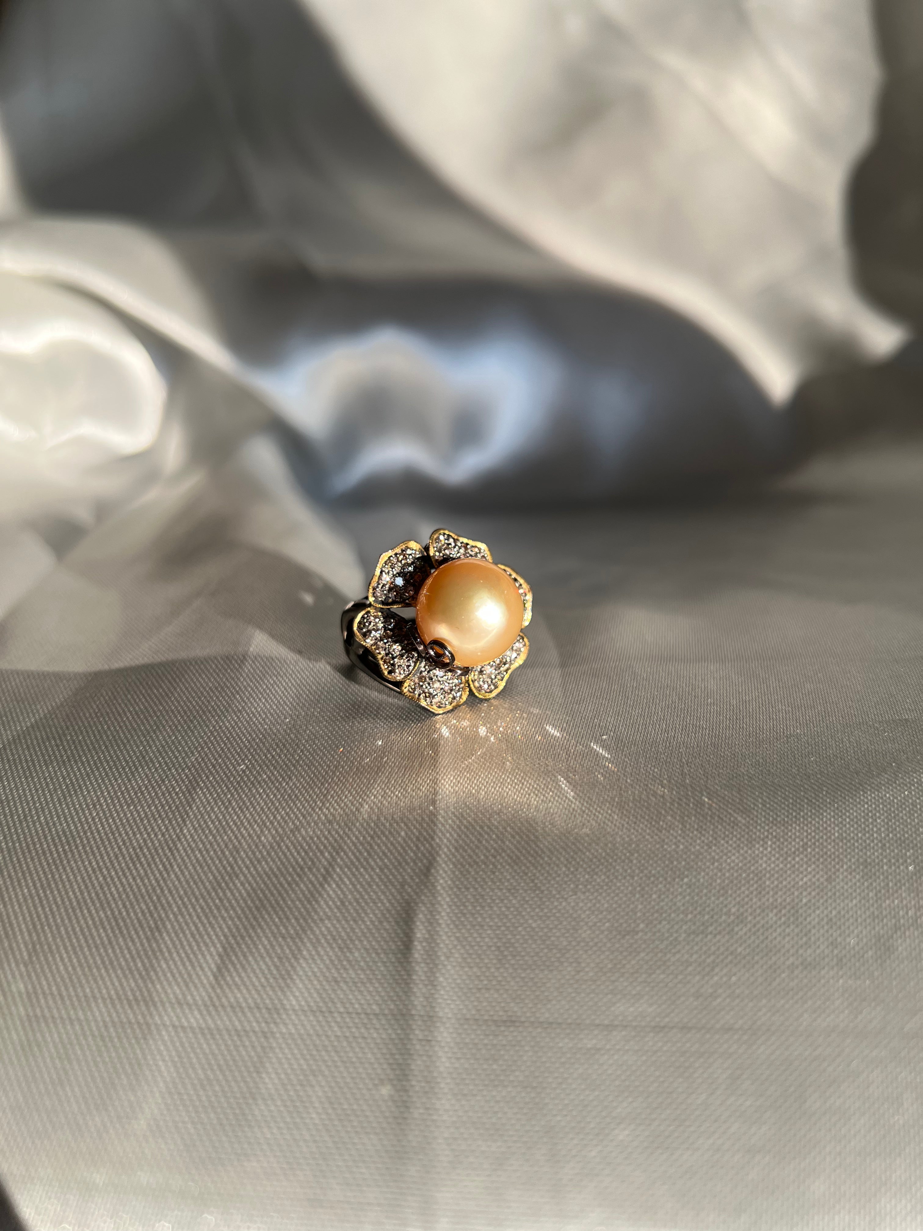 South Sea Golden Pearl and Champagne Diamond Flower Cocktail Ring