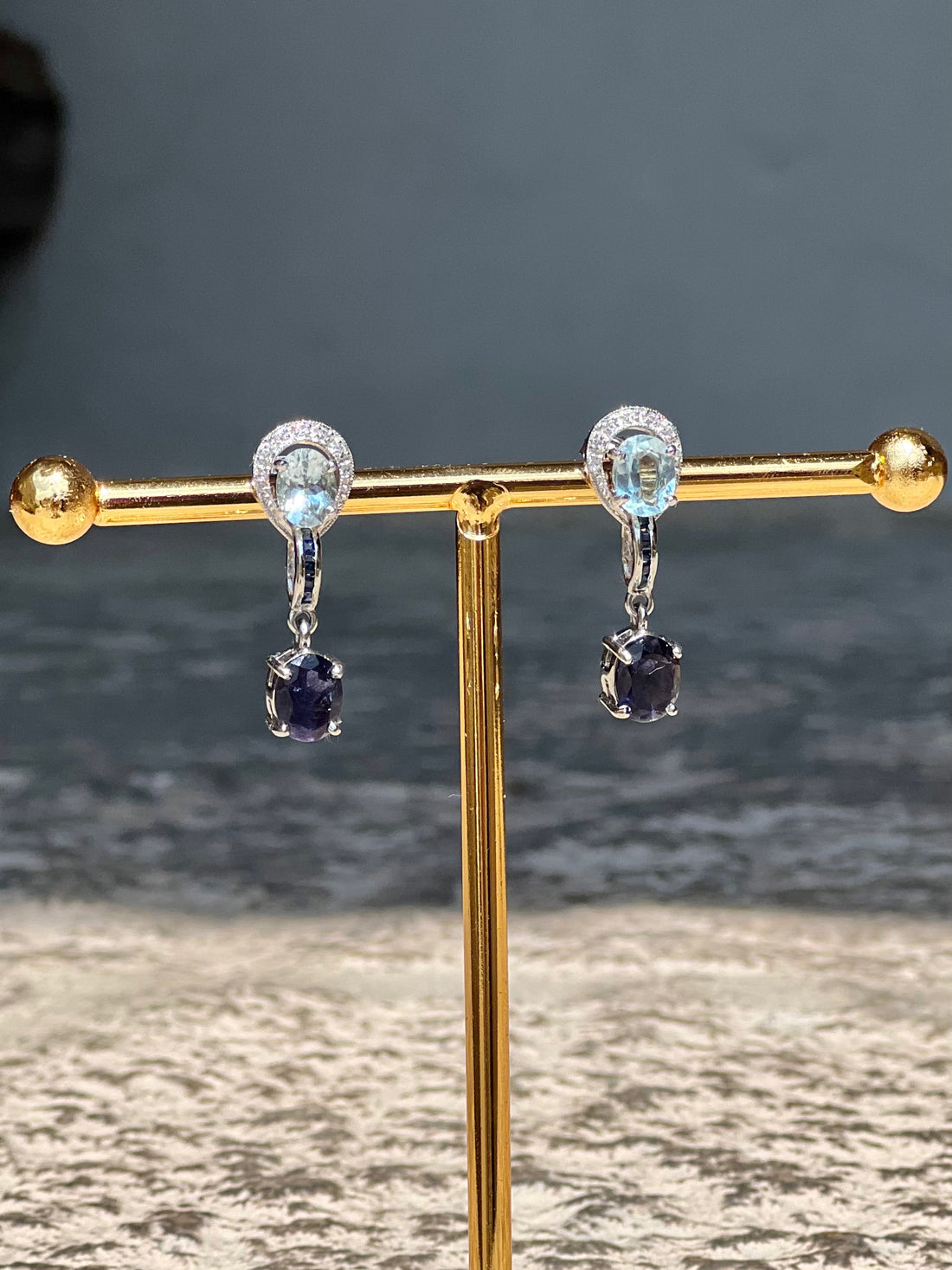 Natural Iolite & Aquamarine Drop Earrings in 14k White Gold
