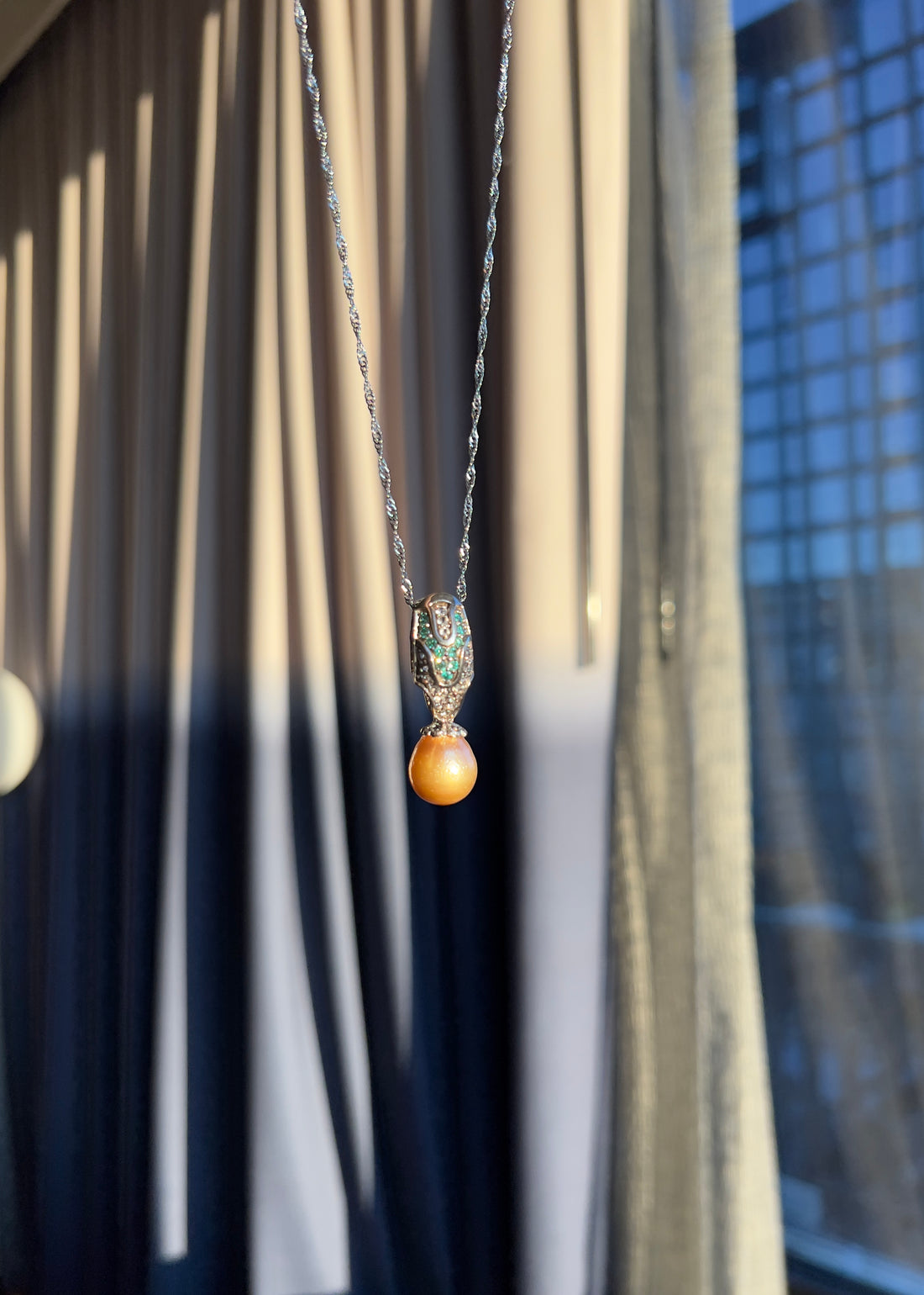 Deco South Sea Pearl Tsavorite White Sapphire Vintage Pendant Necklace