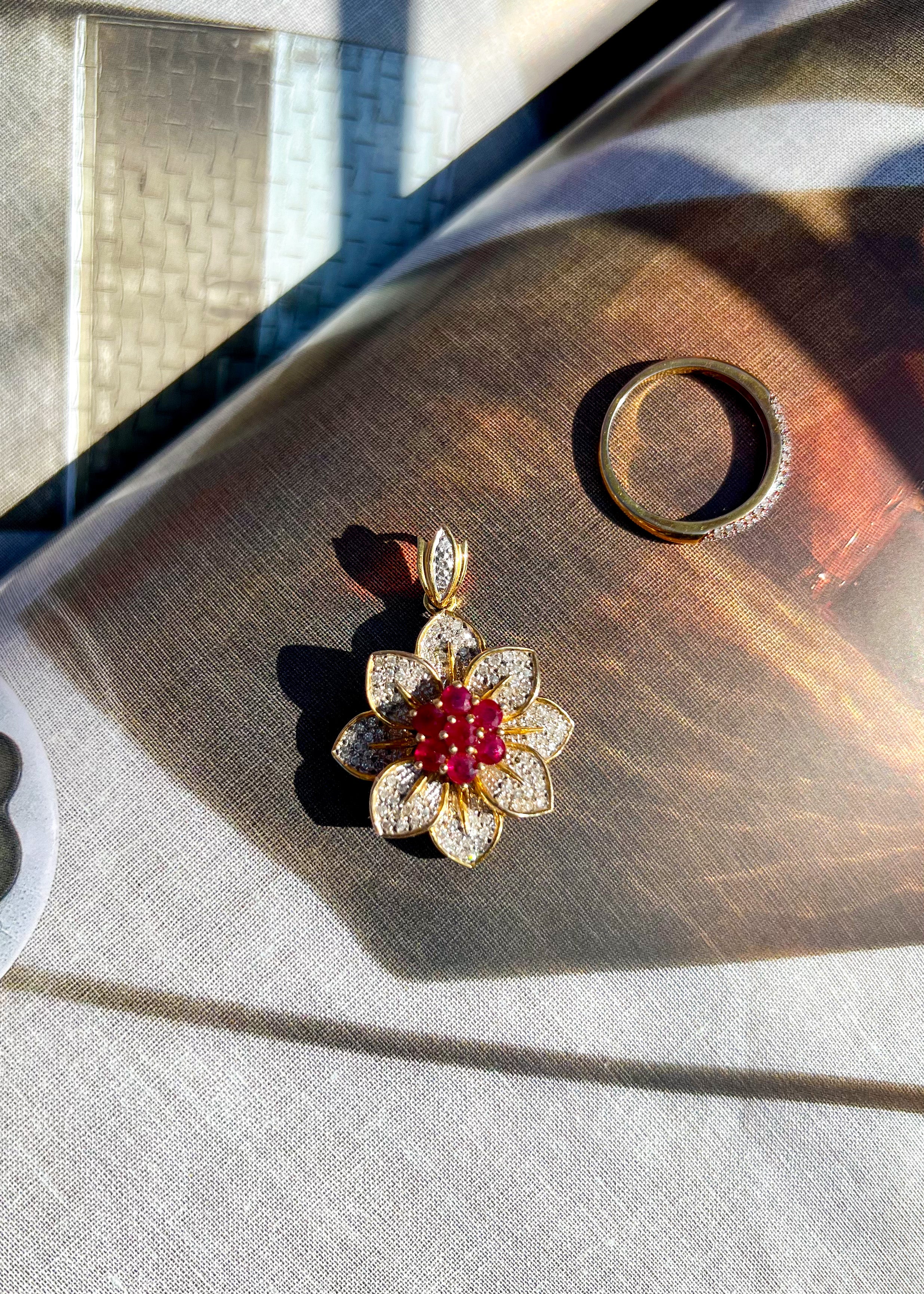 Camellia Ruby and Diamond Flower 18k Solid Gold Pendant