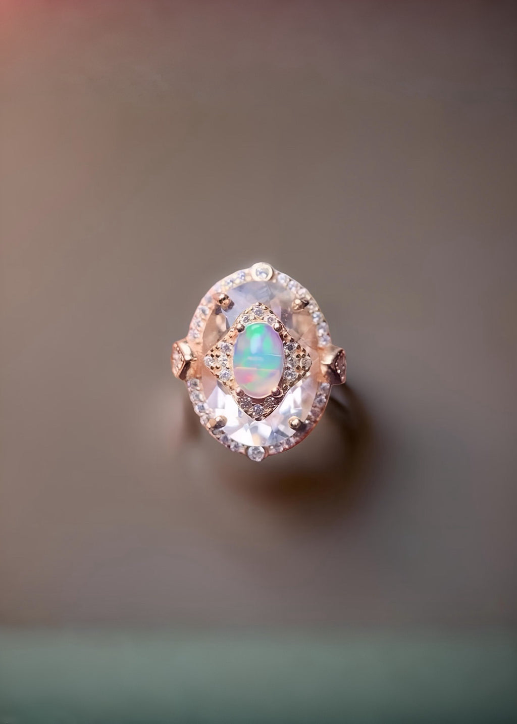 Opal and Clear Quartz Rose Gold Art Deco Ring