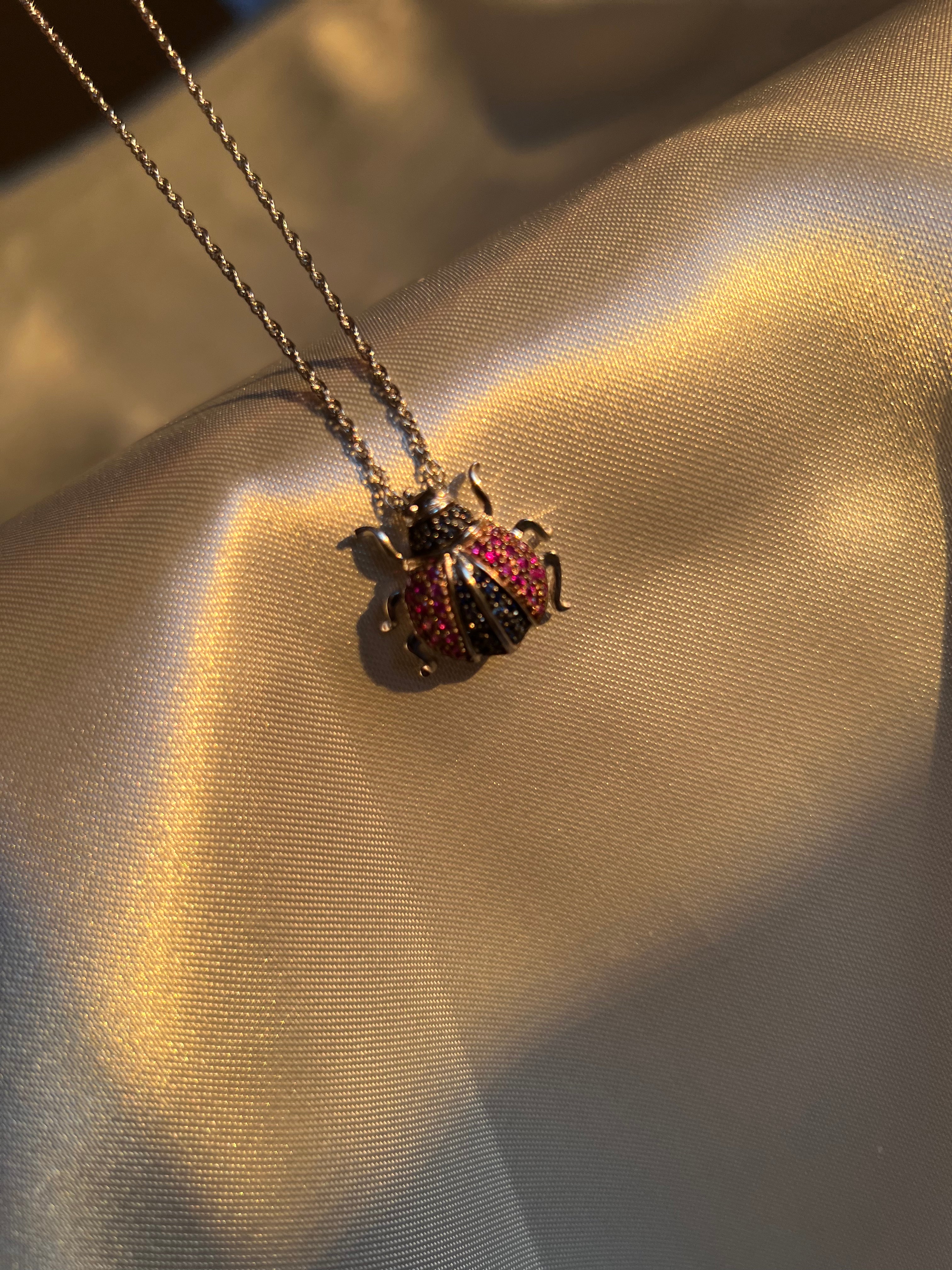 Ladybird Ladybug 18k White Gold Ruby Sapphire Pendant Necklace