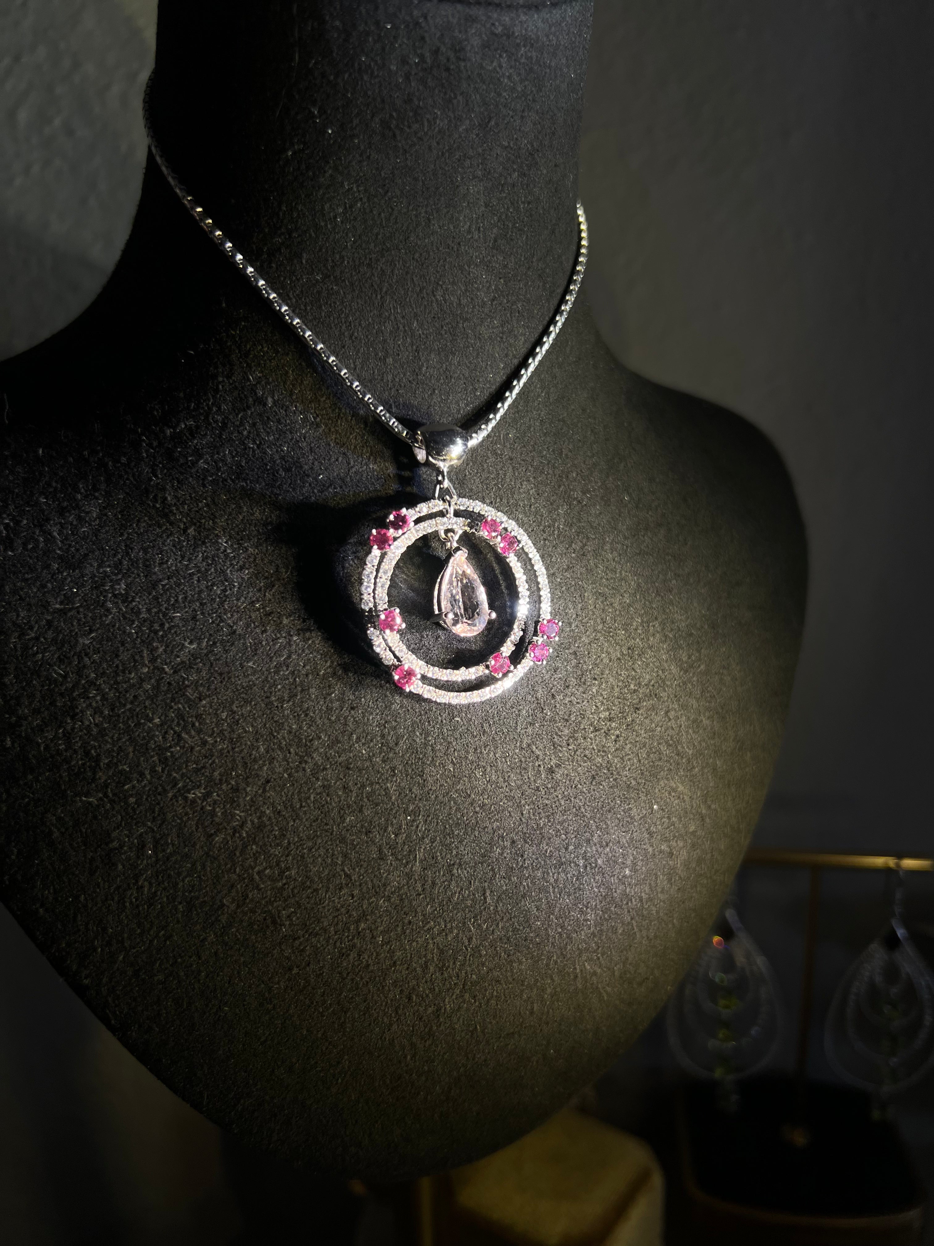 Natural Morganite and Rhodolite Garnet Pendant Necklace with Sapphires