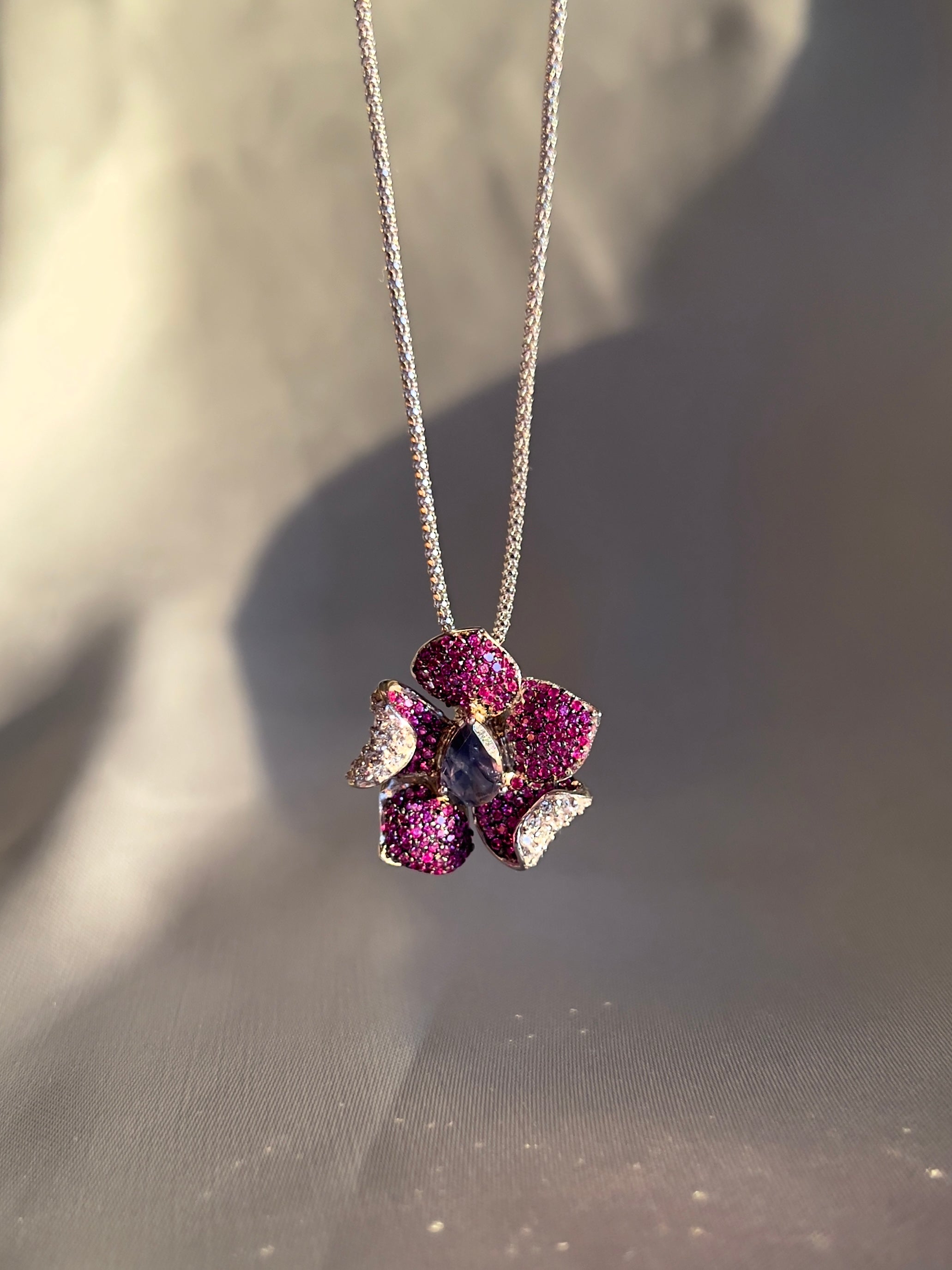 18k White Gold Ruby Sapphire & Diamond Flower Pendant Necklace  by BOITE LAQUE Jewelry