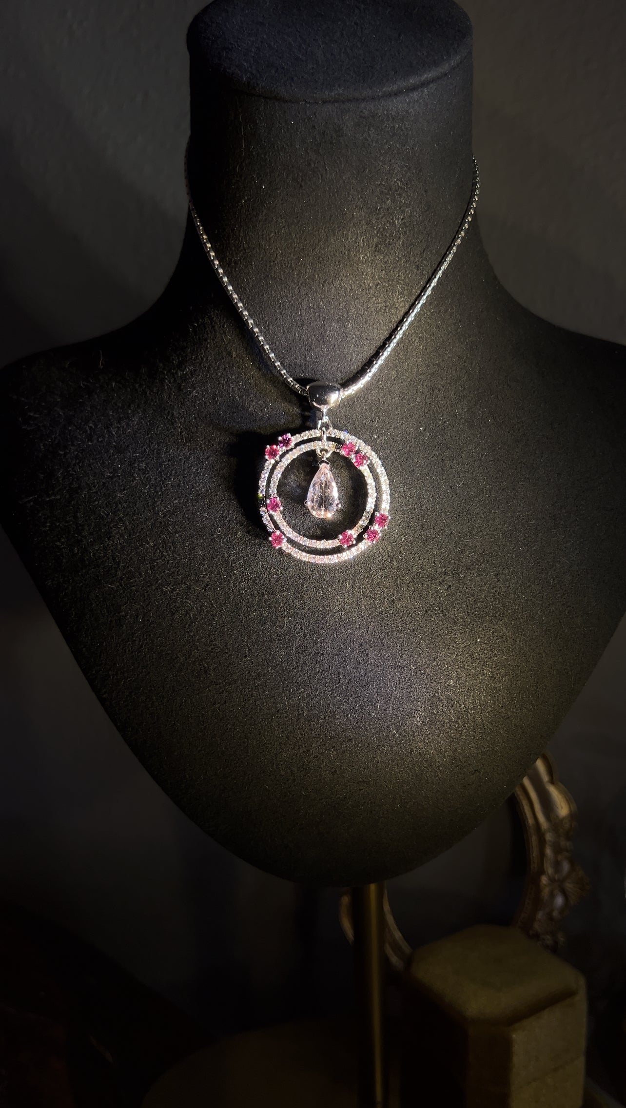 Natural Morganite and Rhodolite Garnet Pendant Necklace with Sapphires