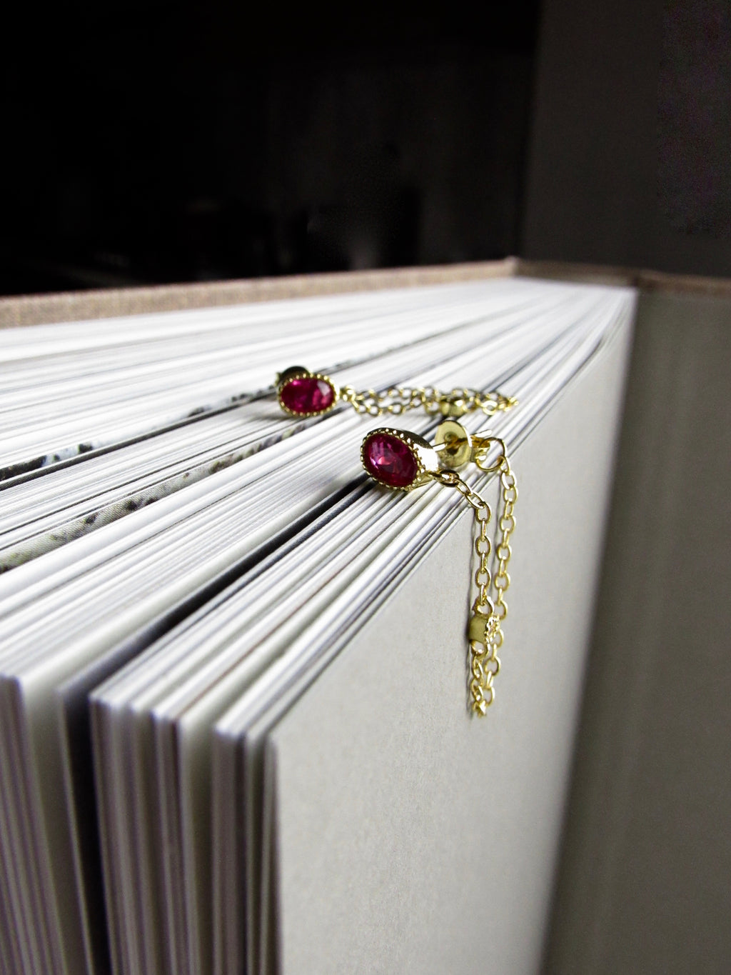 Oval Red Ruby Gem Gold Chain Earrings