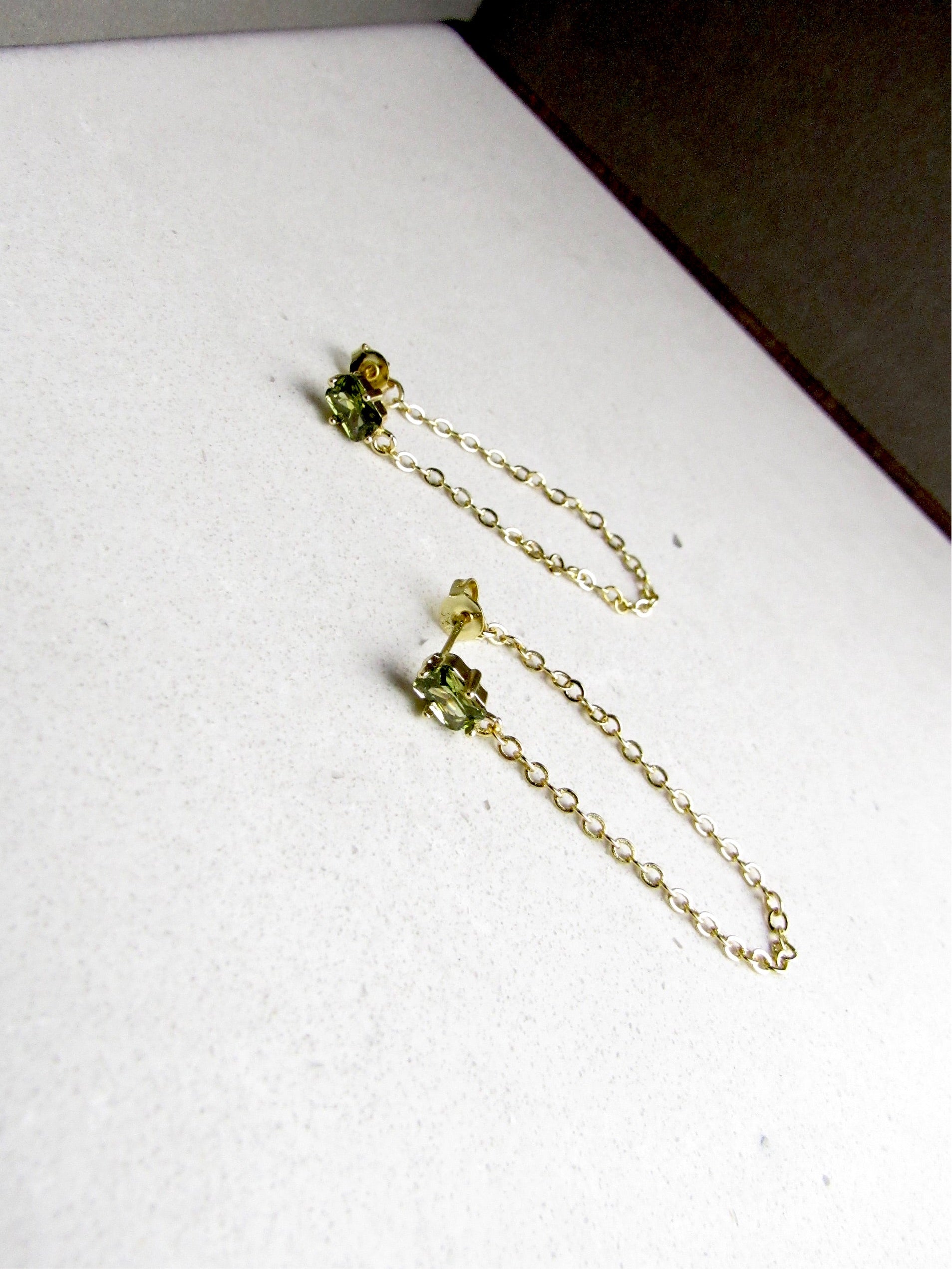 Olive Green Baguette Tourmaline Gold Chain Earrings