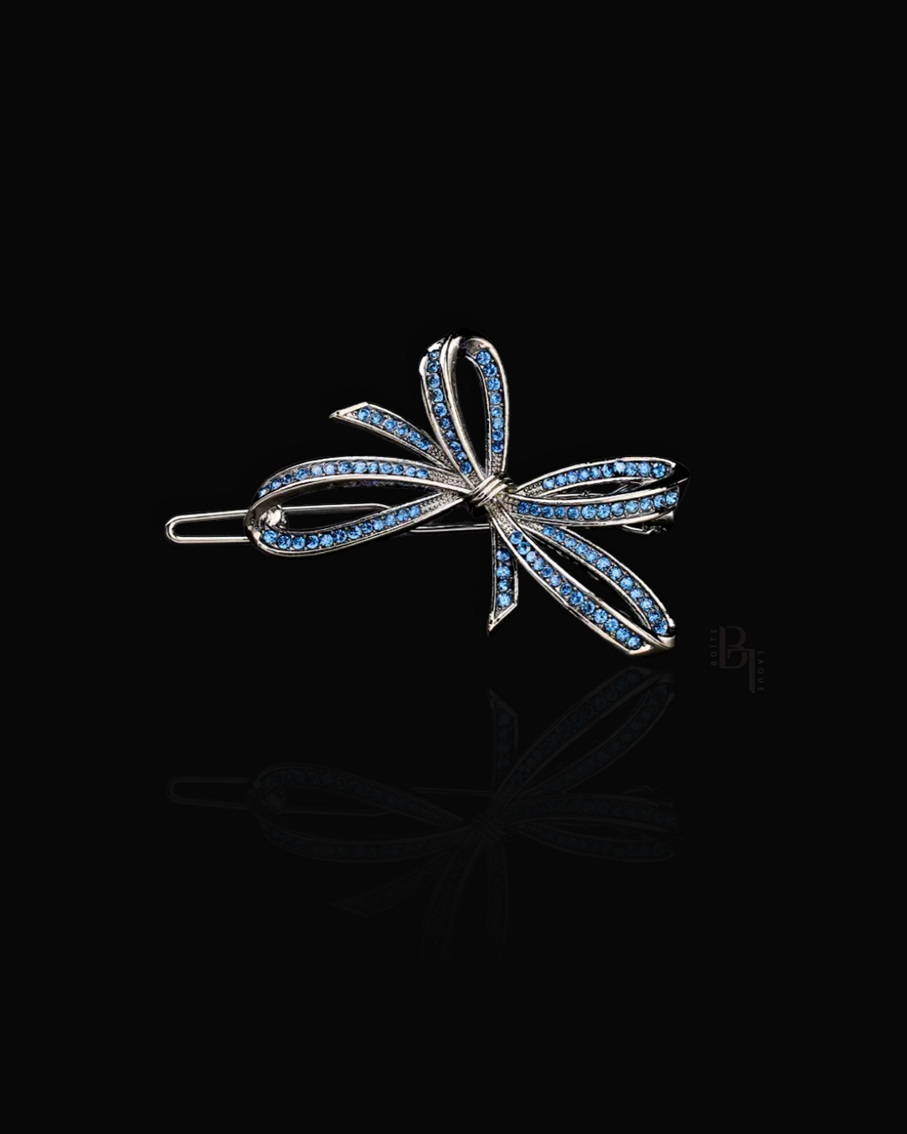 Blue Crystal Ribbon 14k White Gold Hair Pin with Set of Signature Silver Bobby Pins