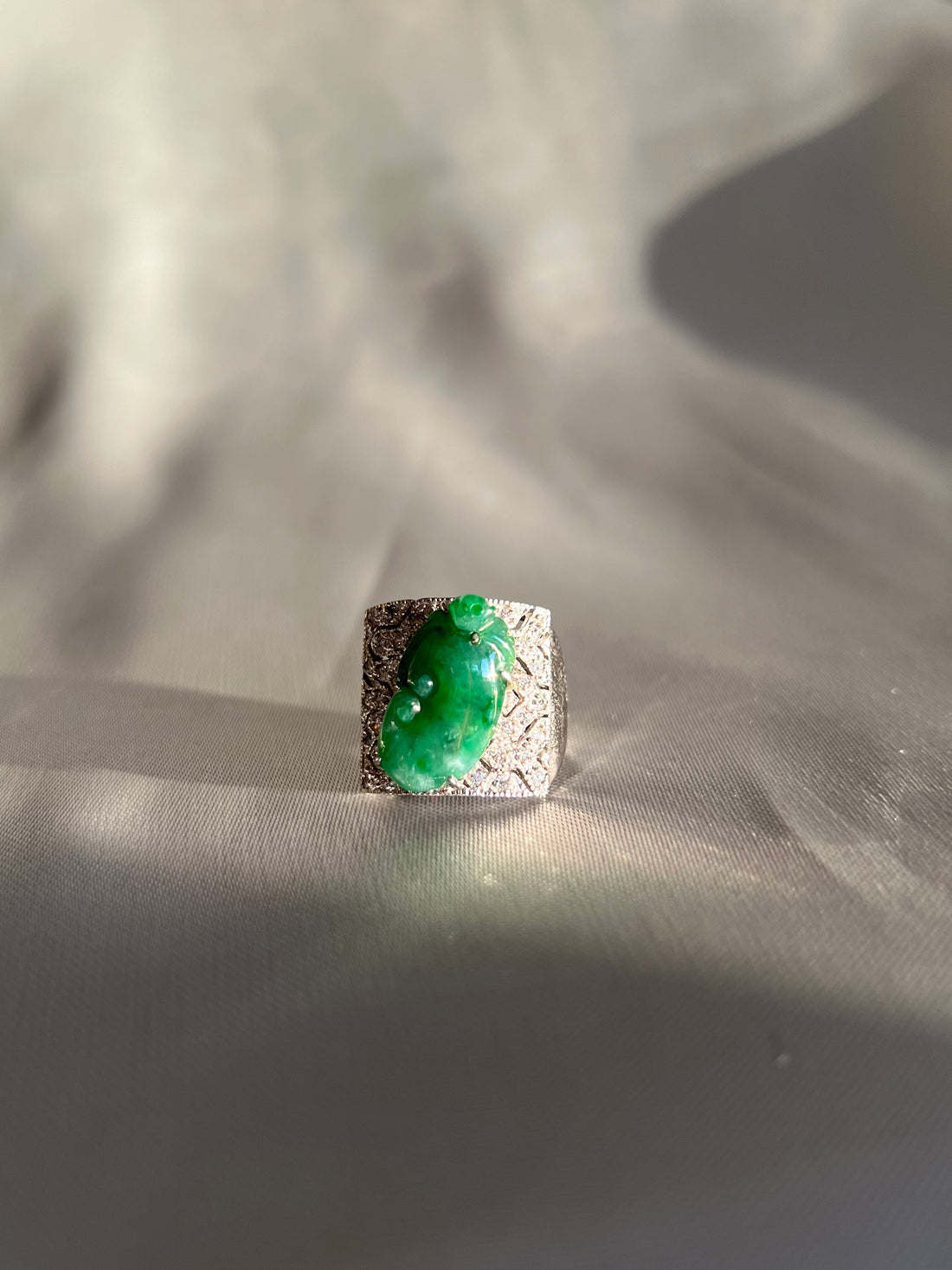 Zodiac Monkey Cloud Jadeite Jade Cocktail Ring