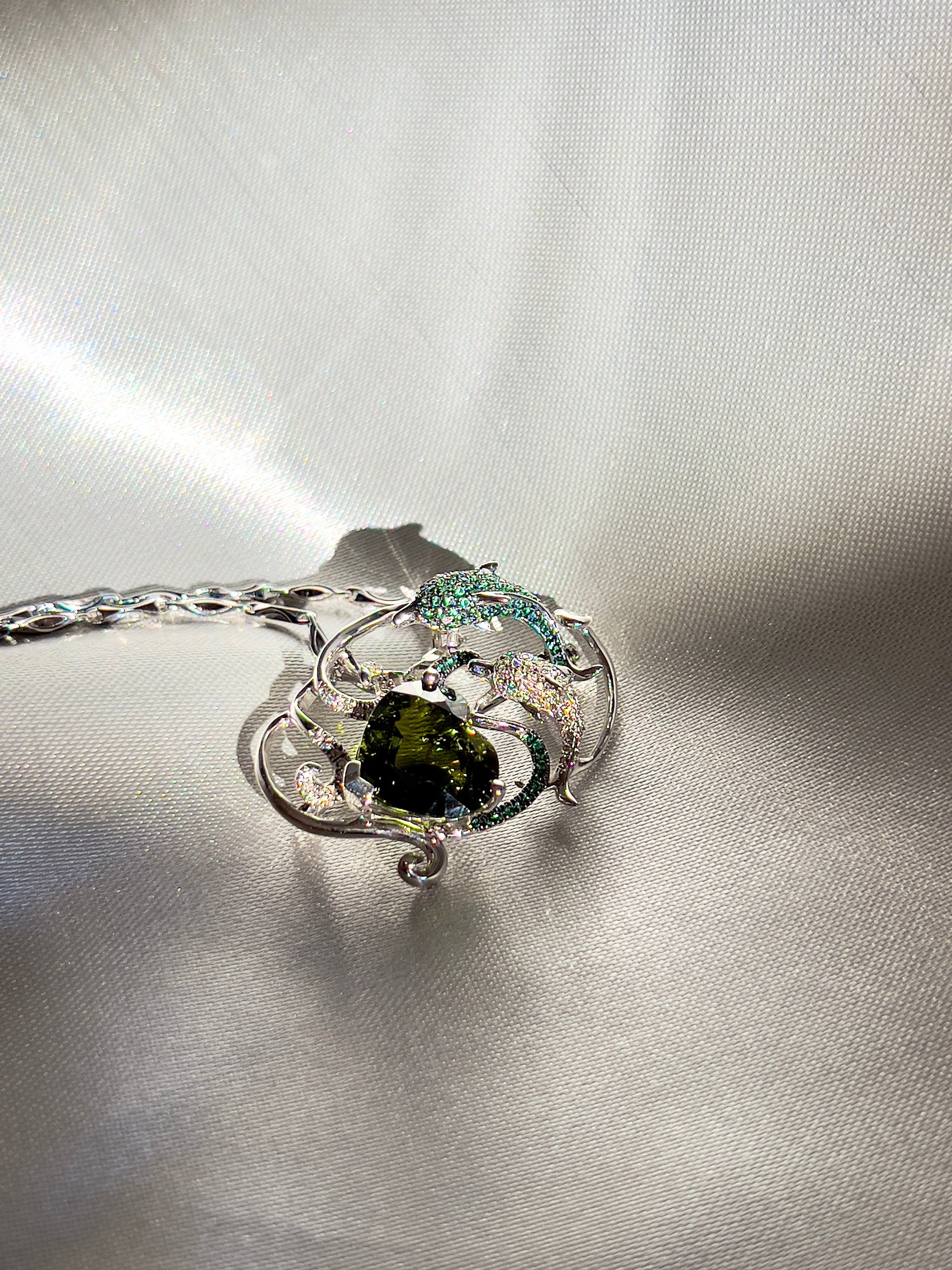 Natural 7.5Ct Lagoon Green Tourmaline with Tsavorite and Diamond Dolphins Pendant Brooch in 18K White Gold