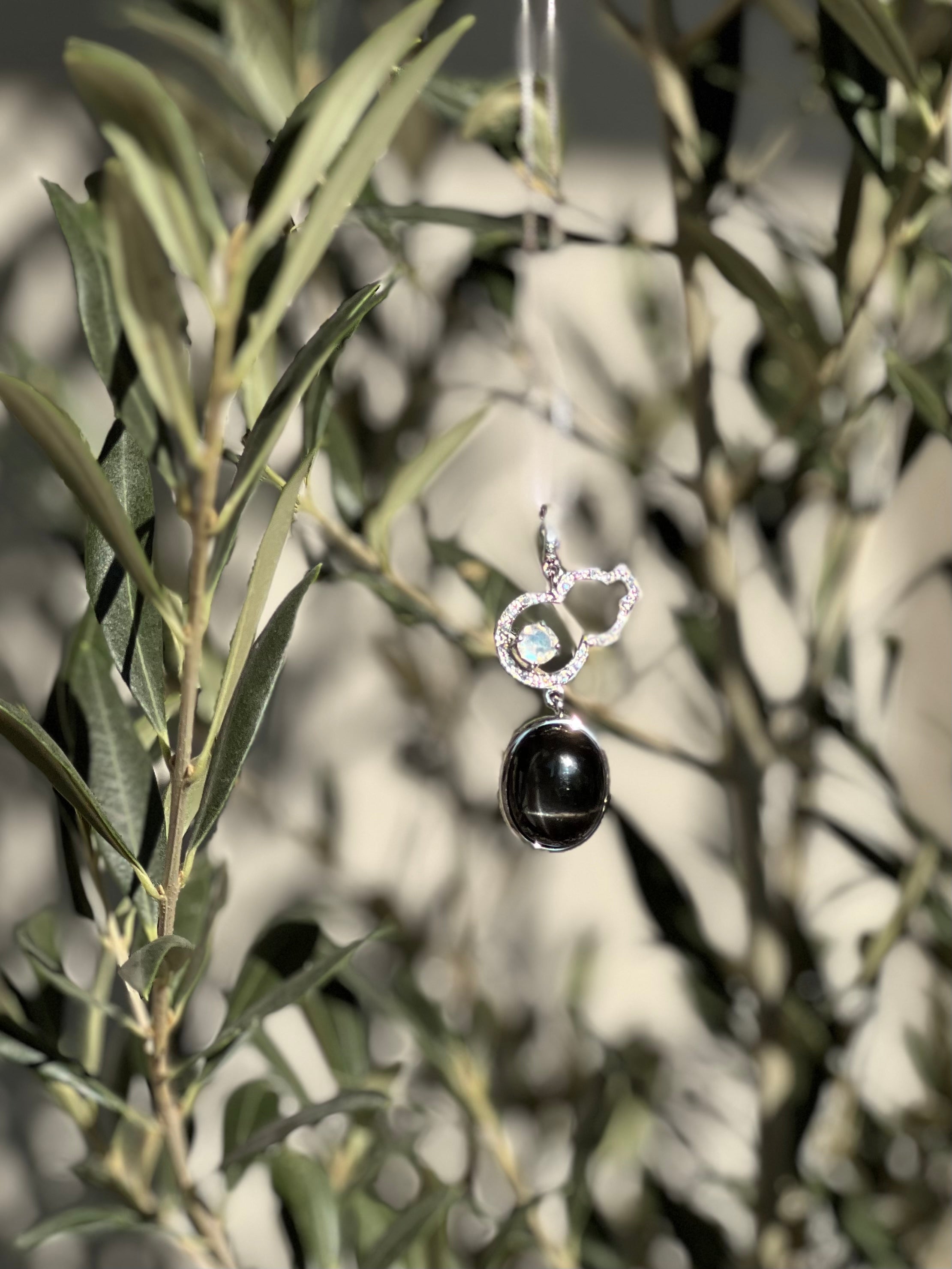 Olive Black Star Diopside Cabochon & Moonstone Calabash Pendant Necklace