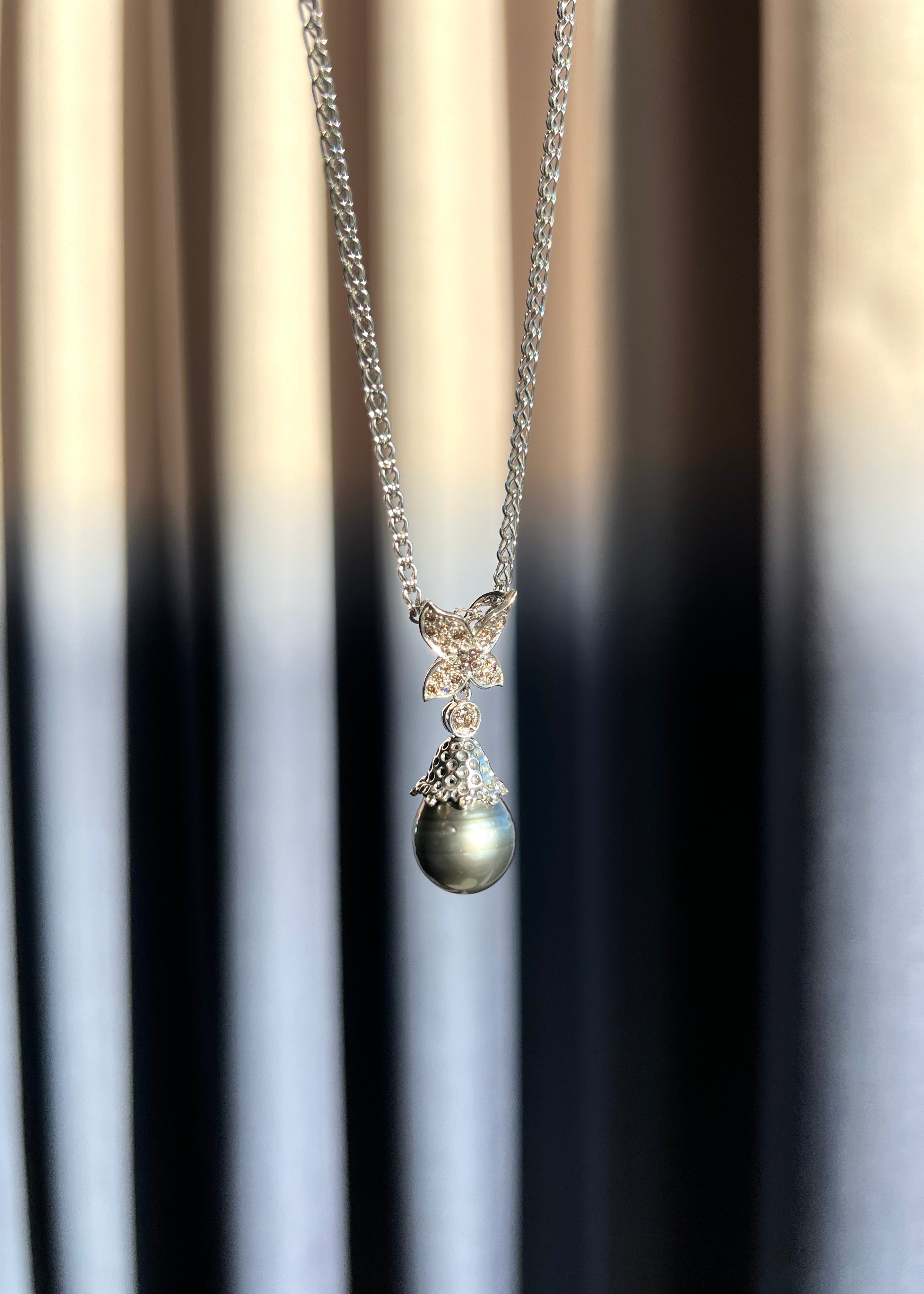 Tahitian Black Pearl & Champagne Diamond Pendant Necklace