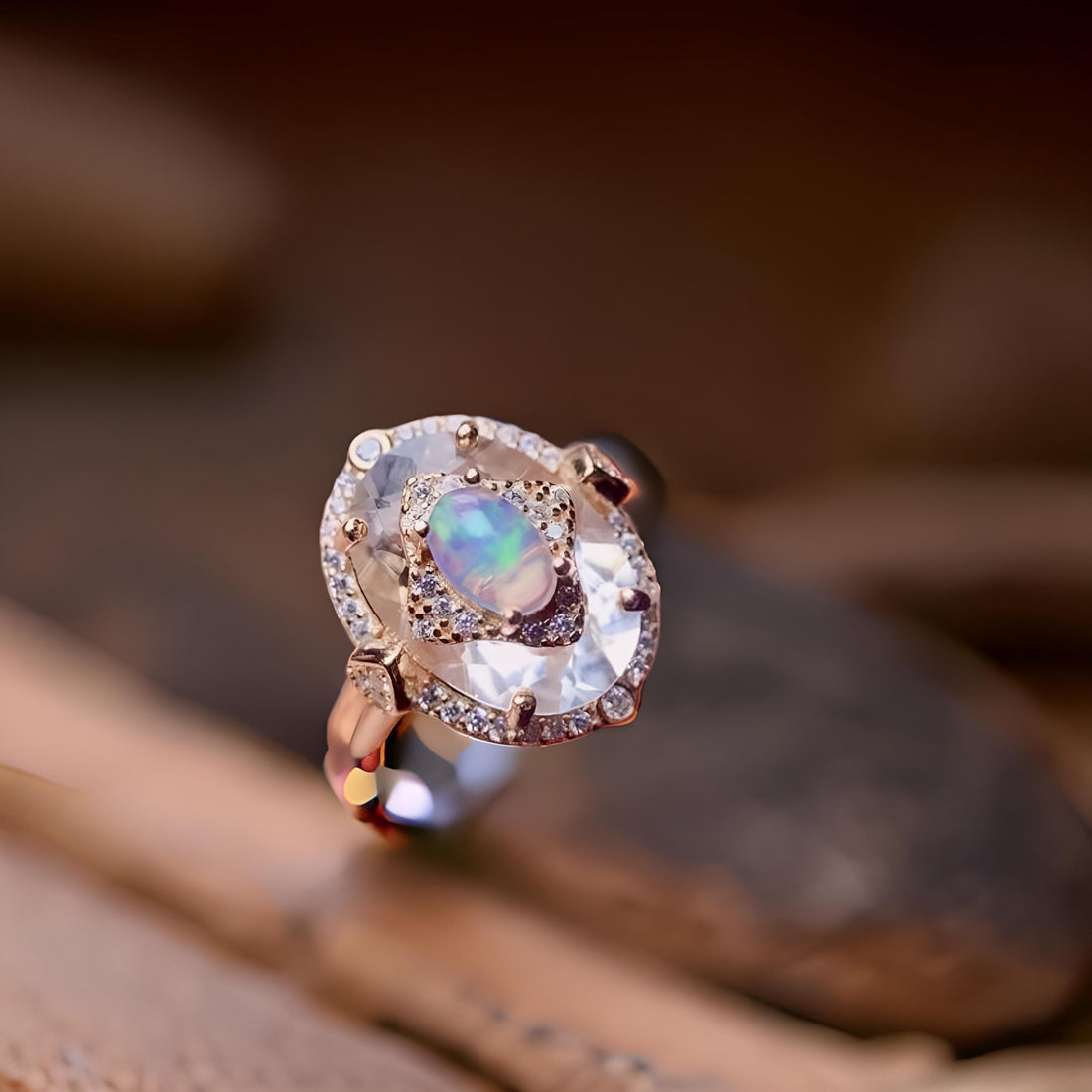 Opal and Clear Quartz Rose Gold Art Deco Ring