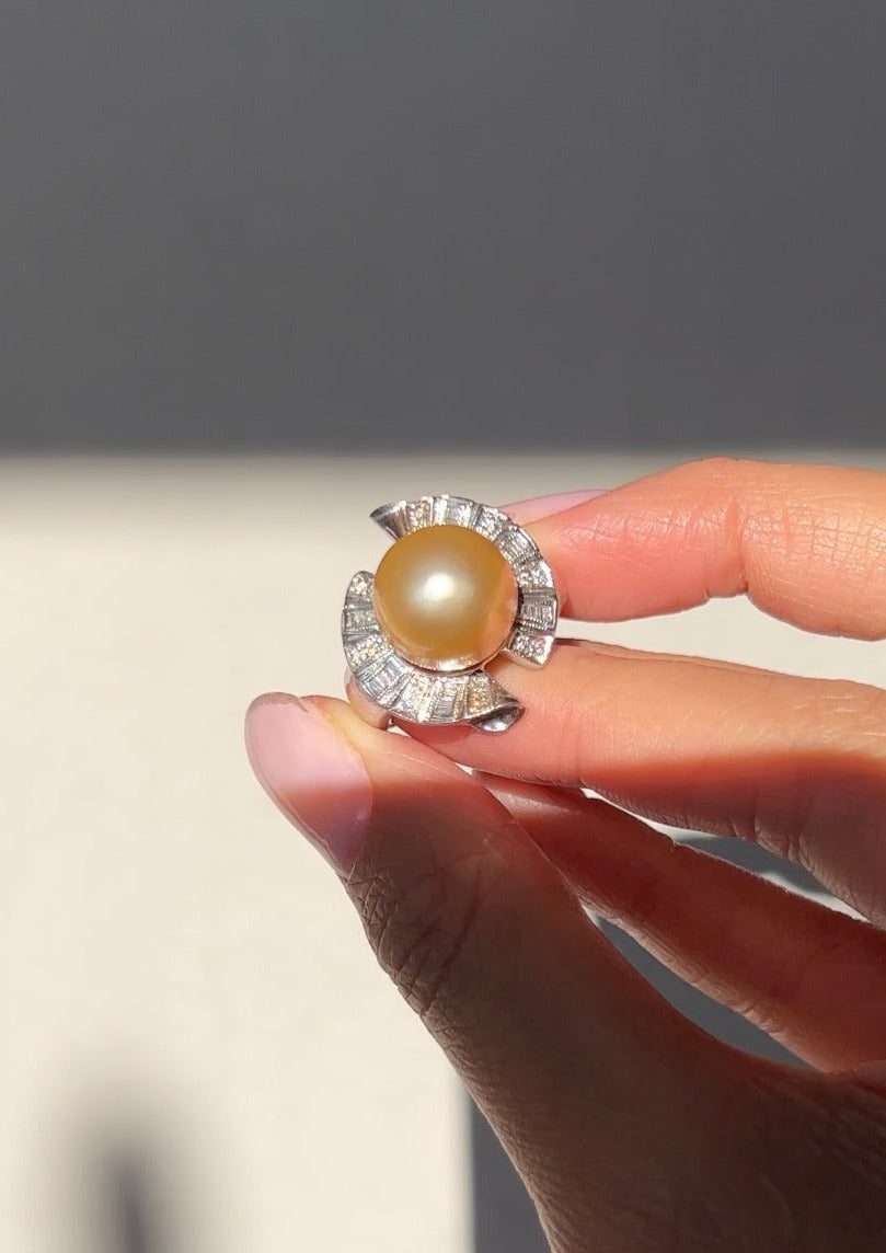 Golden South Sea Pearl & Diamond 18K White Gold Ring