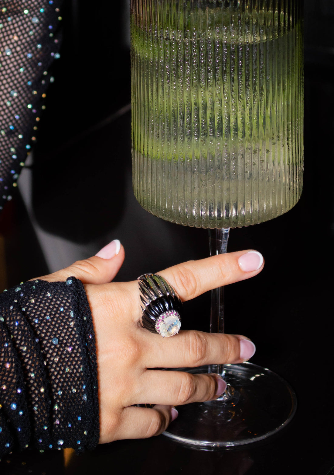 Piatra Dura Deco Blue Sheen Moonstone & Ruby Ring