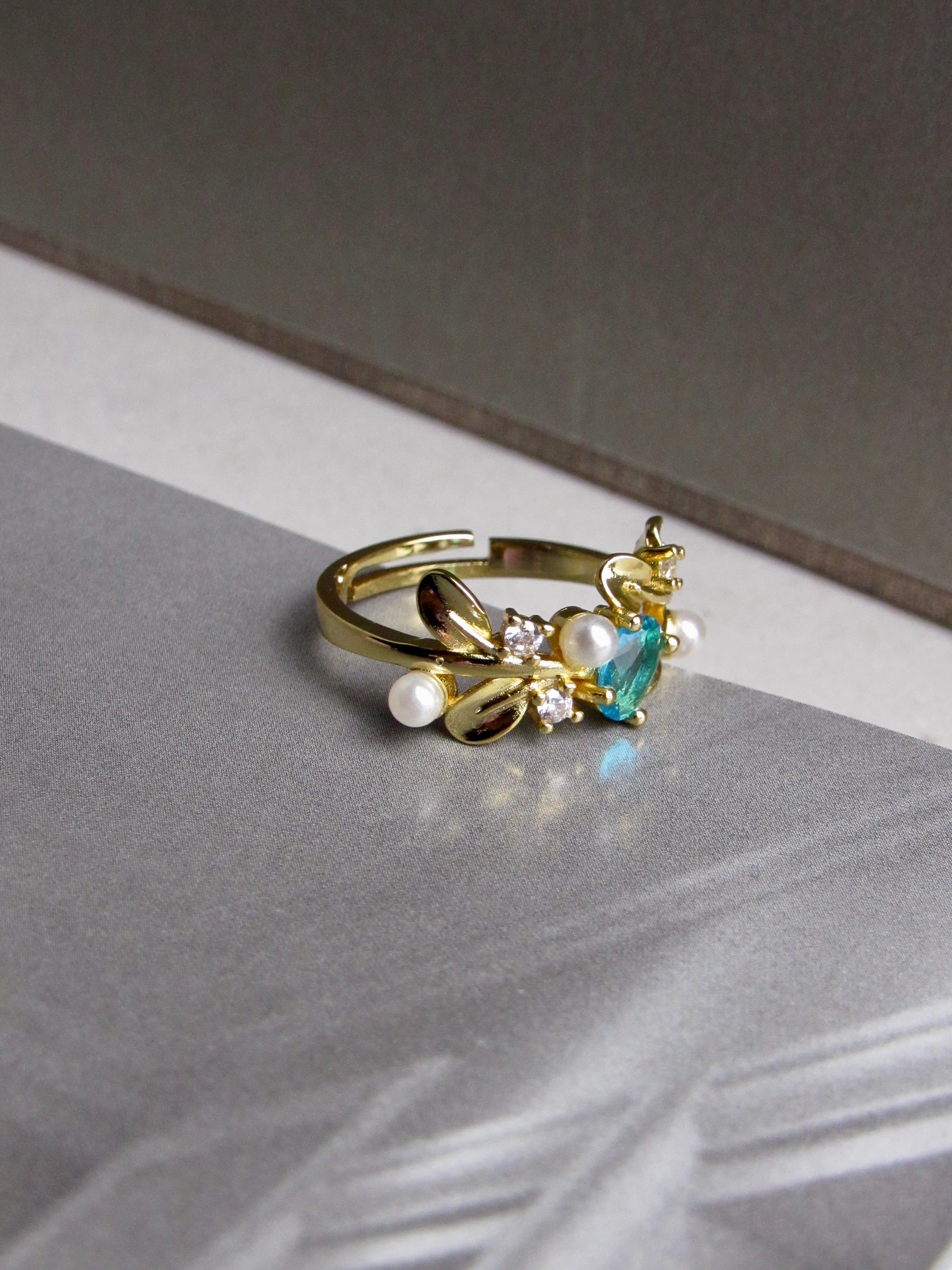 Laurel Aquamarine and Pearls 14k Gold Ring