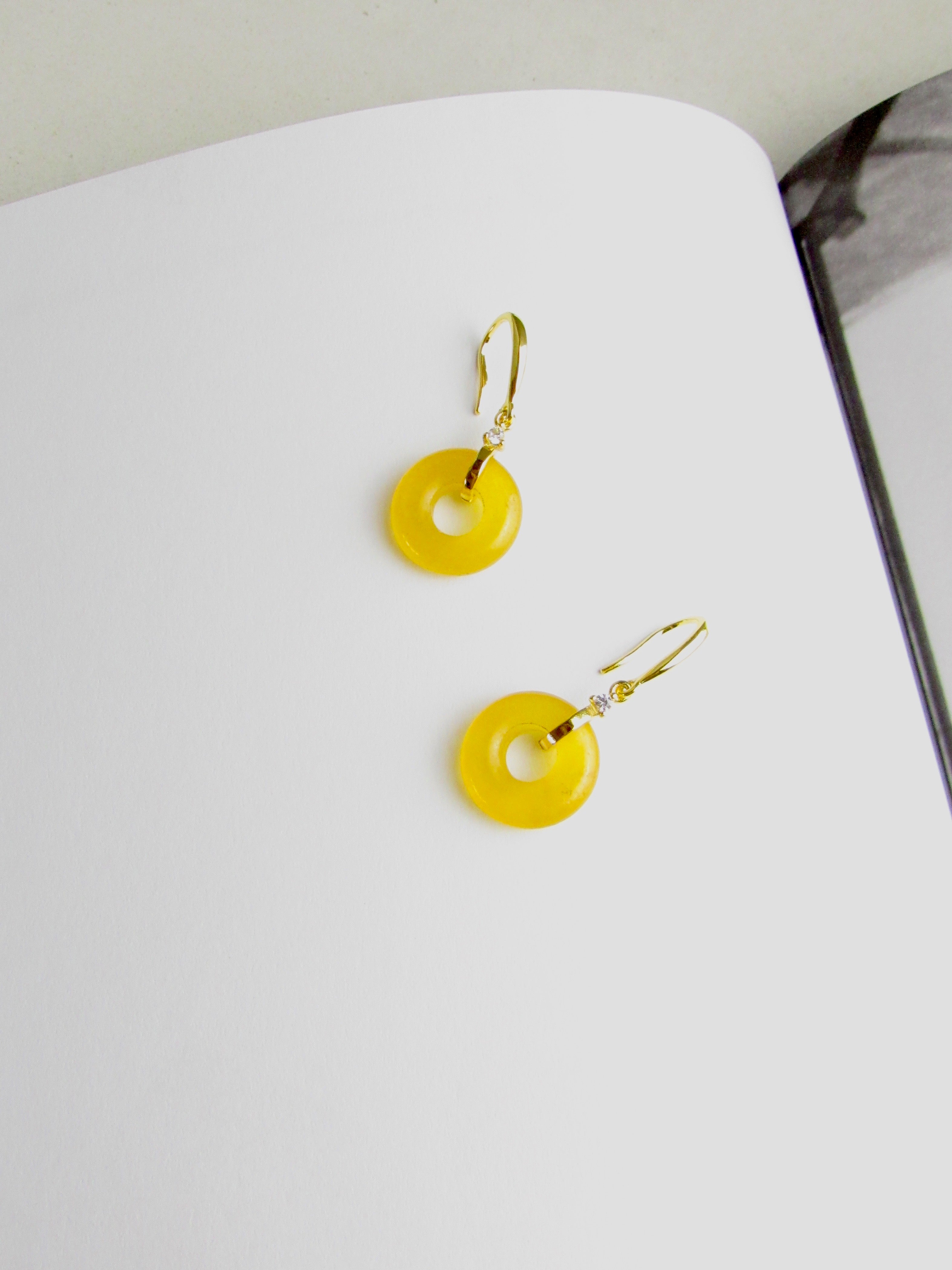Yellow Lucky Jade Donut Gold Hook Earrings