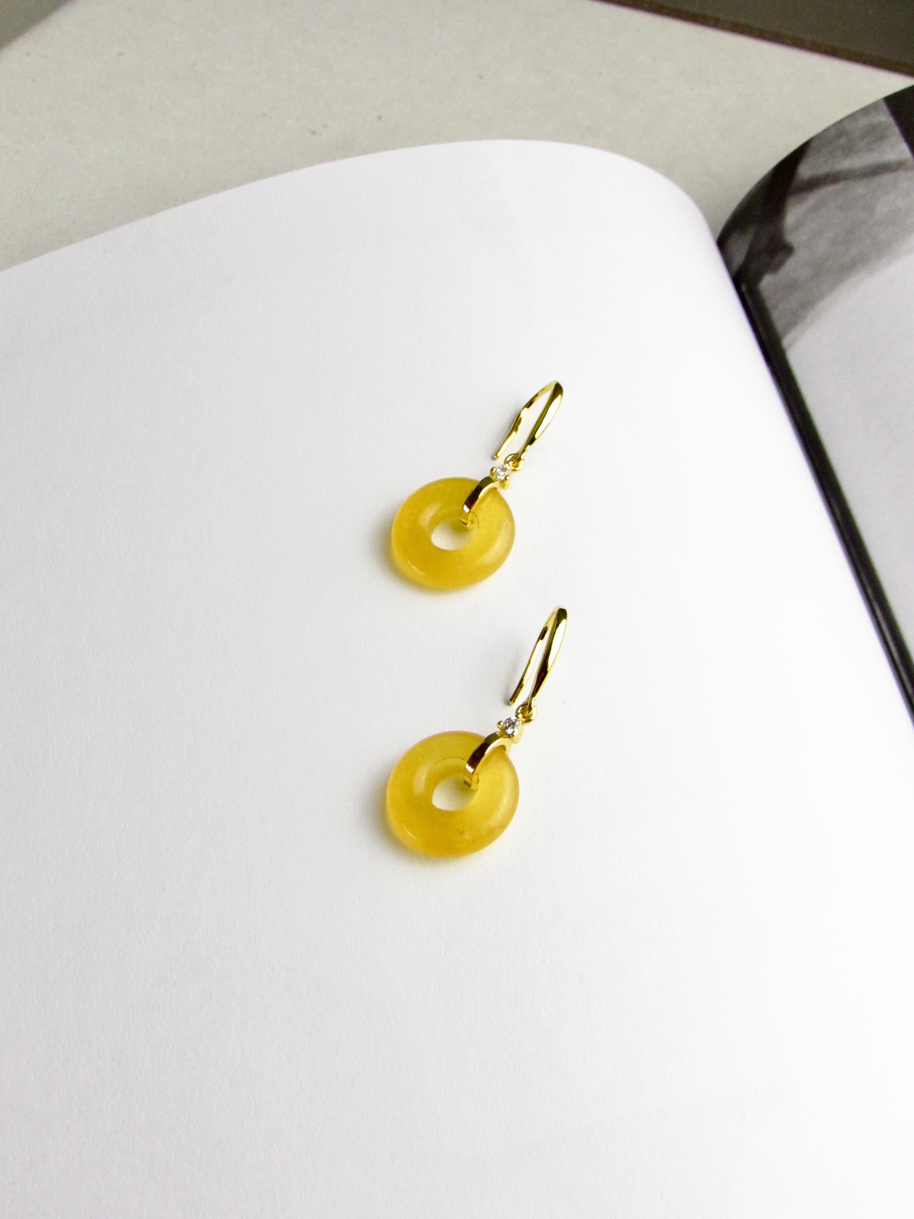 Yellow Lucky Jade Donut Gold Hook Earrings