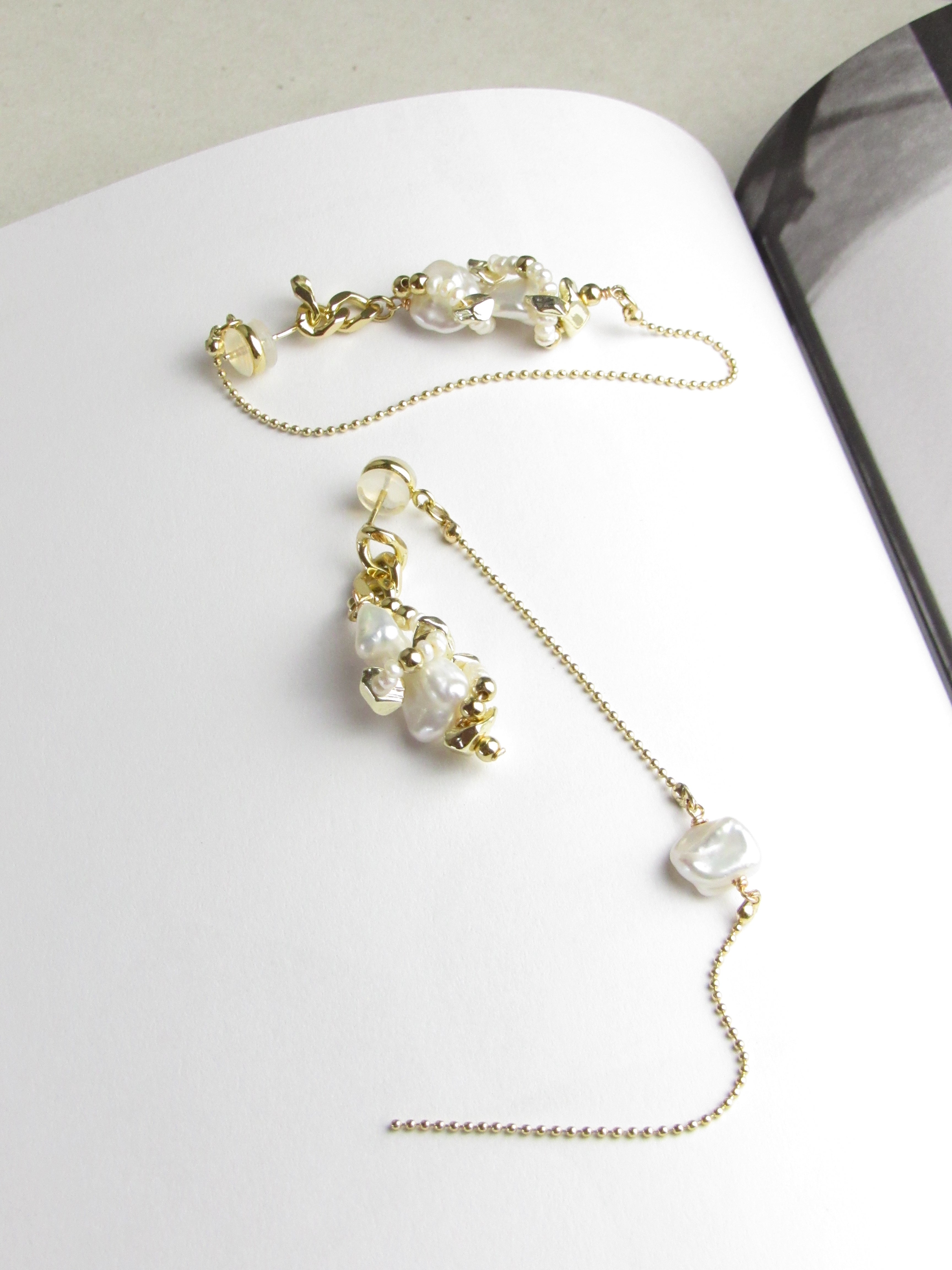 Mykonos Asymmetrical Baroque Pearls Gold Chain Earrings