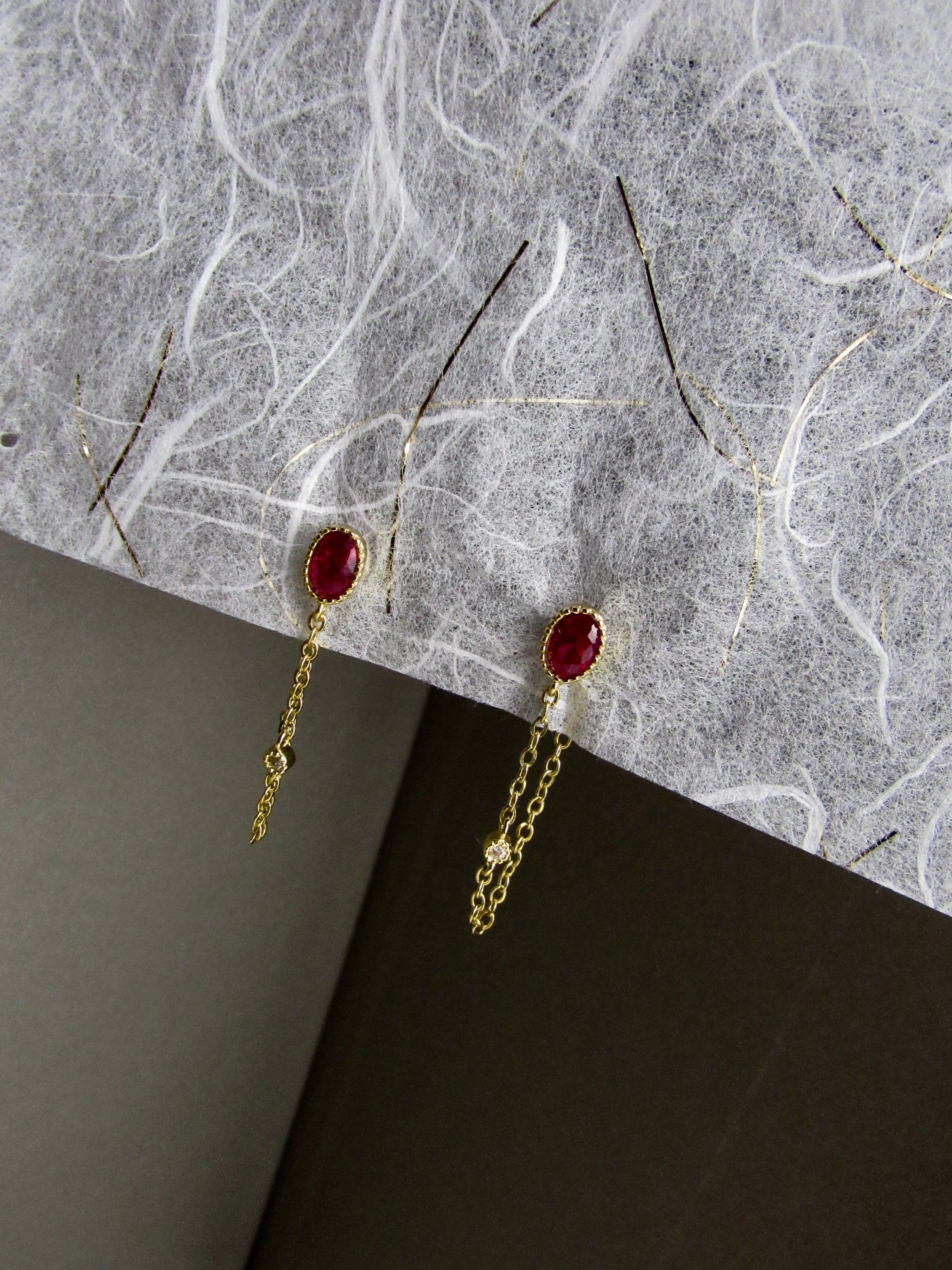 Oval Red Ruby Gem Gold Chain Earrings