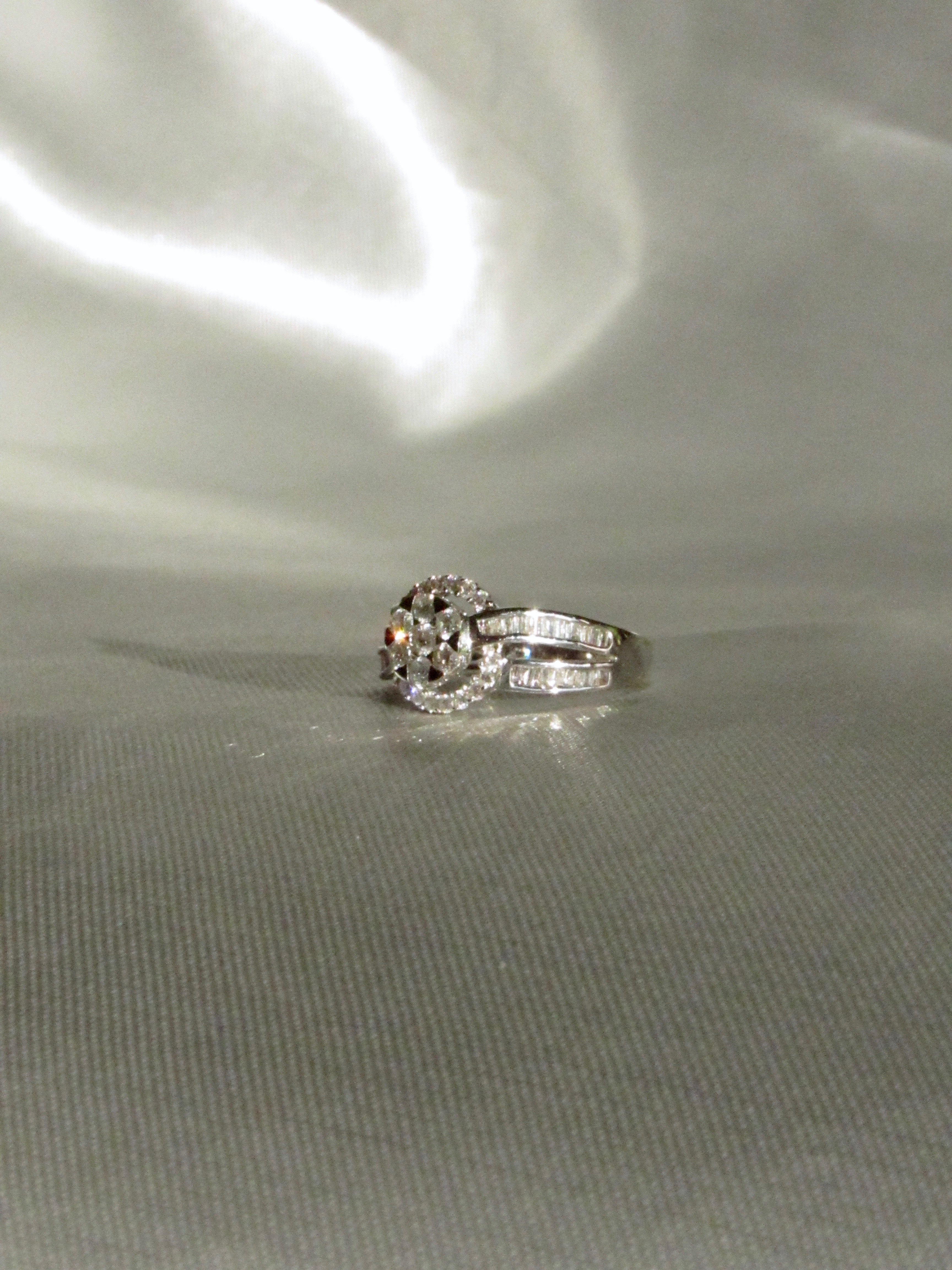 18K White Gold Natural Baguette & Round Diamond Flower Cluster Ring